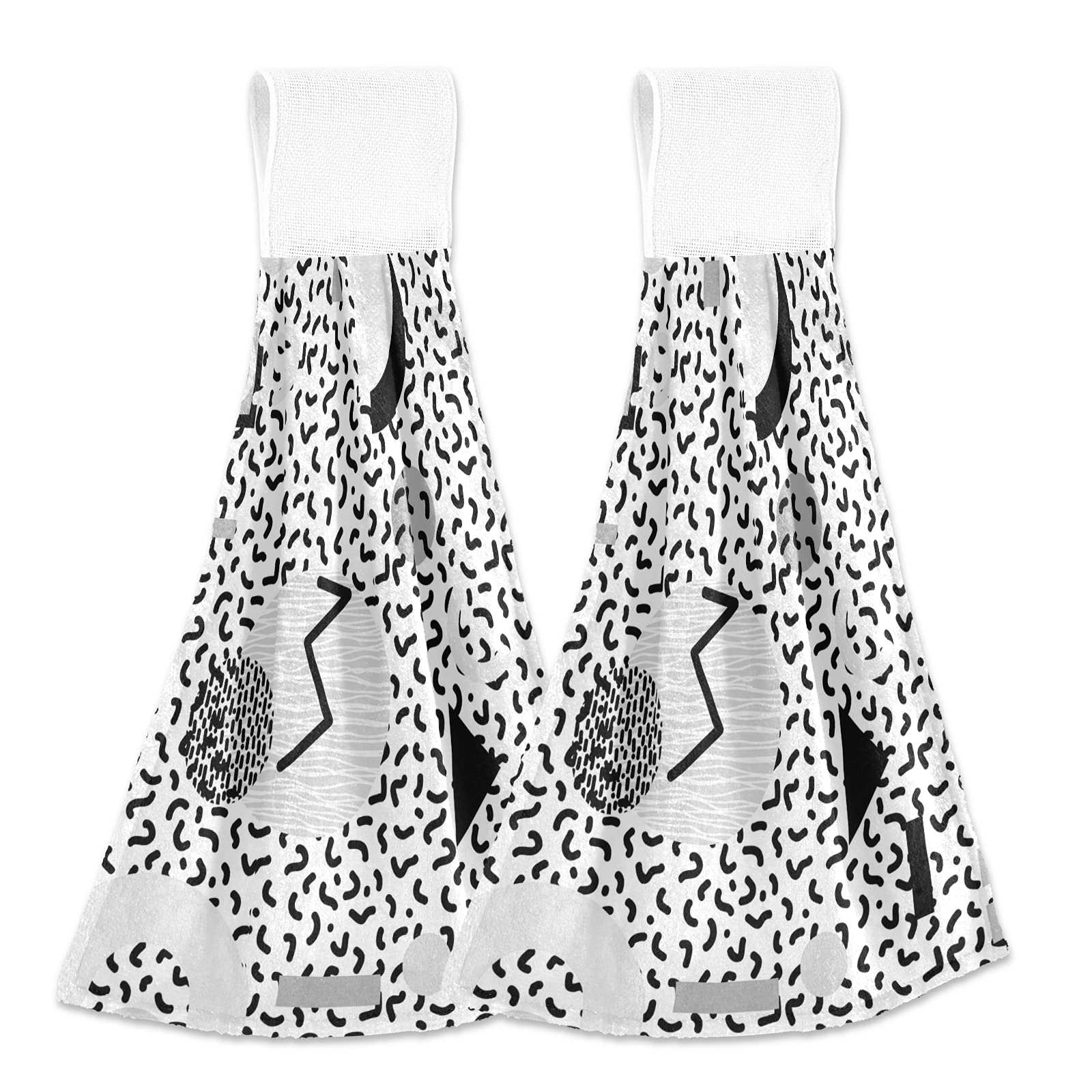 80s 90s Memphis Style Geometric Black White 2-Piece Hanging Kitchen Hand Towel Set - Soft Fast-Drying Bath & Dish Towels with Hook & Loop for Home, Kitchen, and Bathroom Use - Perfect for Cooking, Cleaning, and Decor