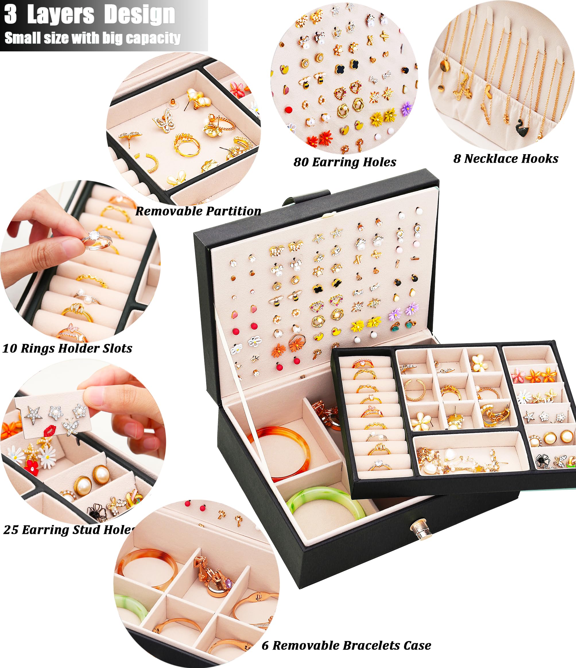 Women's Jewelry Box - Elegant Earring Organizer for Girls & Women, Black - Perfect for Travel, Home, and Office Jewelry Storage