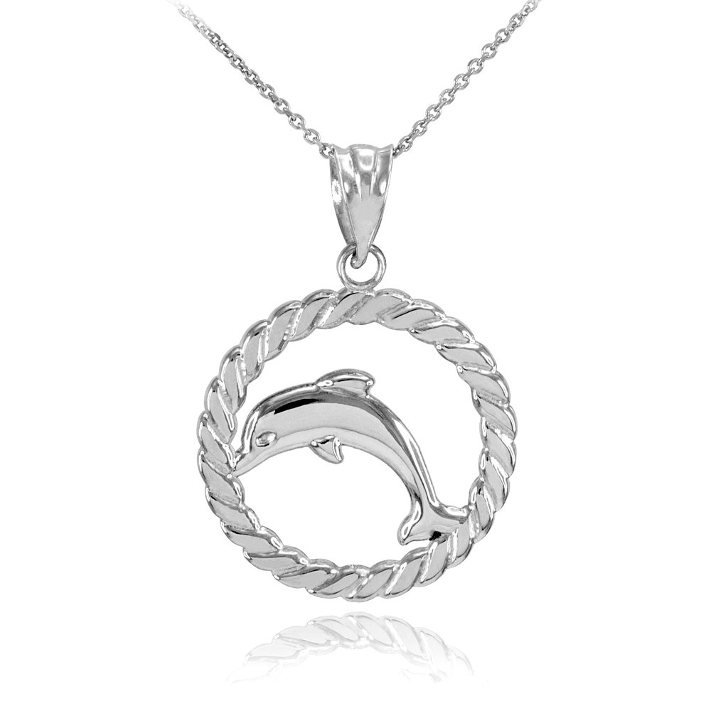 10K White Gold Jumping Dolphin Circle Rope Pendant Necklace for Women - Elegant Ocean-Themed Jewelry Gift for Birthday, Anniversary & Beach Vacations