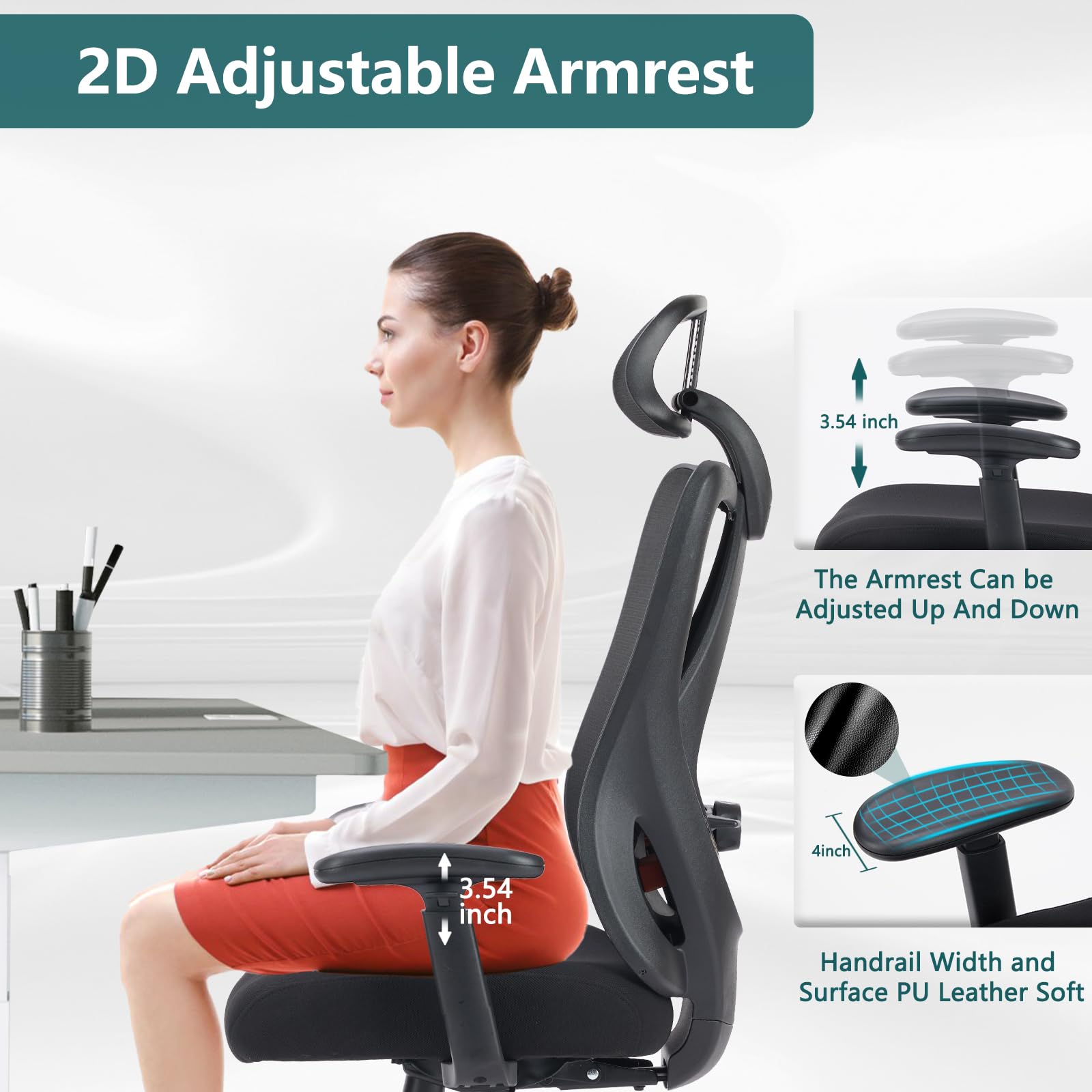 Ergonomic Office Chair with Adjustable Lumbar Support - High Back Rolling Swivel Desk Chair for Home & Work, 2D Armrests, 135° Tilt Function, Headrest - Perfect for Long Hours Computer Work, Gaming & Study (Modern Black)