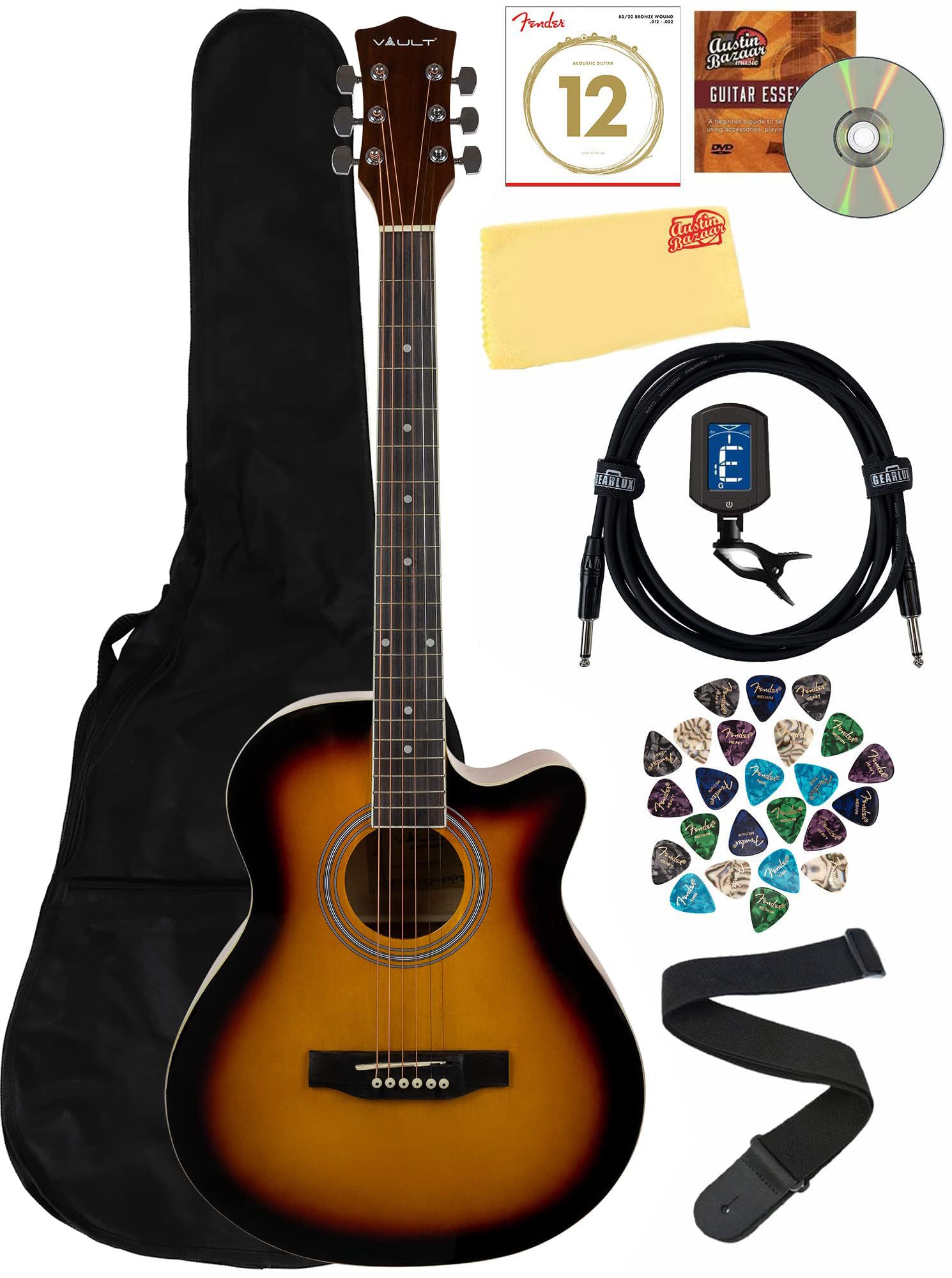 Vault EA-20CE Cutaway Acoustic-Electric Guitar Sunburst Bundle with Gig Bag, Tuner, Strap, Strings, Cable, Picks, DVD & Cloth - Perfect for Live Performances, Studio Recording & Traveling Musicians