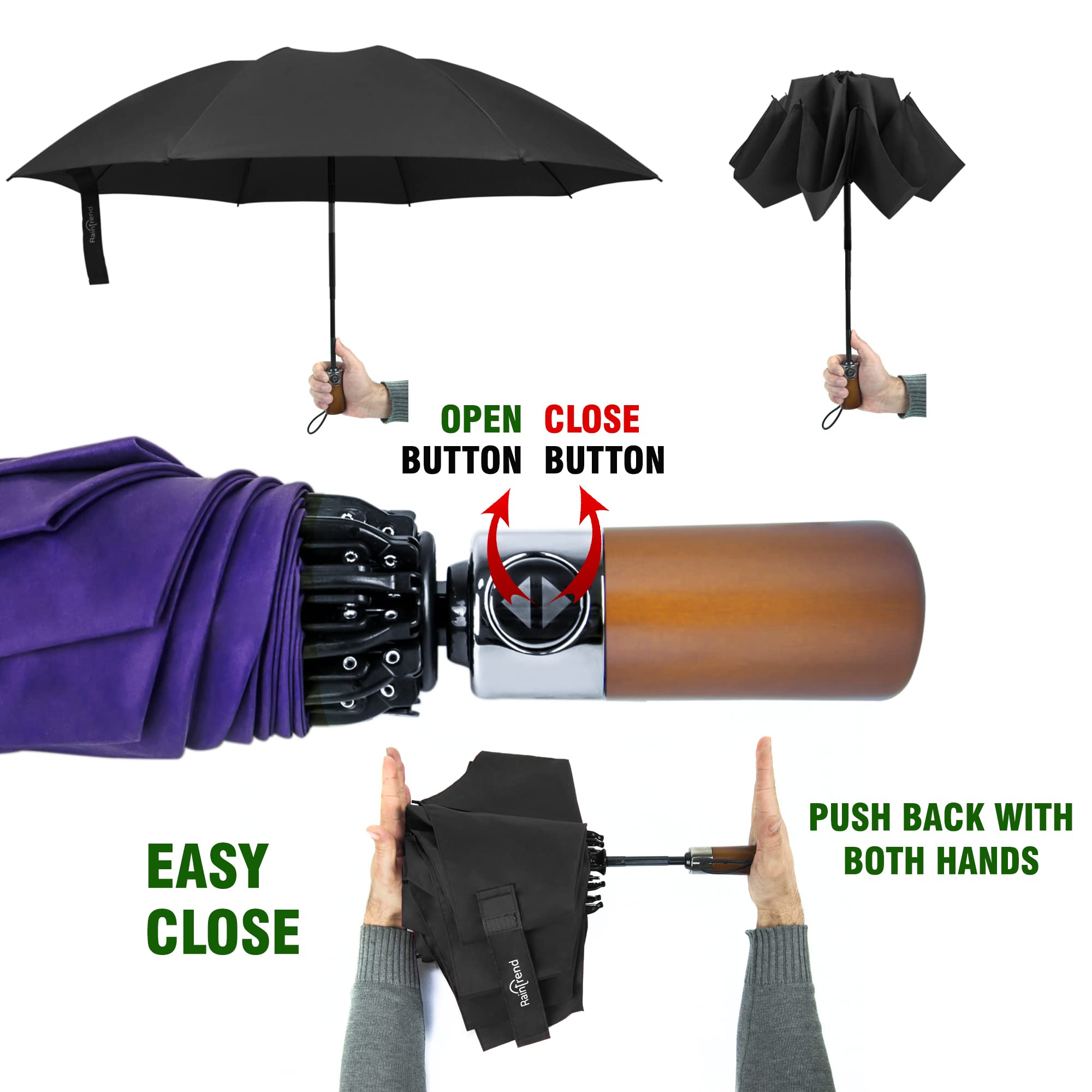 Windproof Automatic Travel Umbrella with 10% Larger Canopy - Compact Folding Portable Rain Umbrella for Men & Women - Perfect for Backpack, Purse & Everyday Use