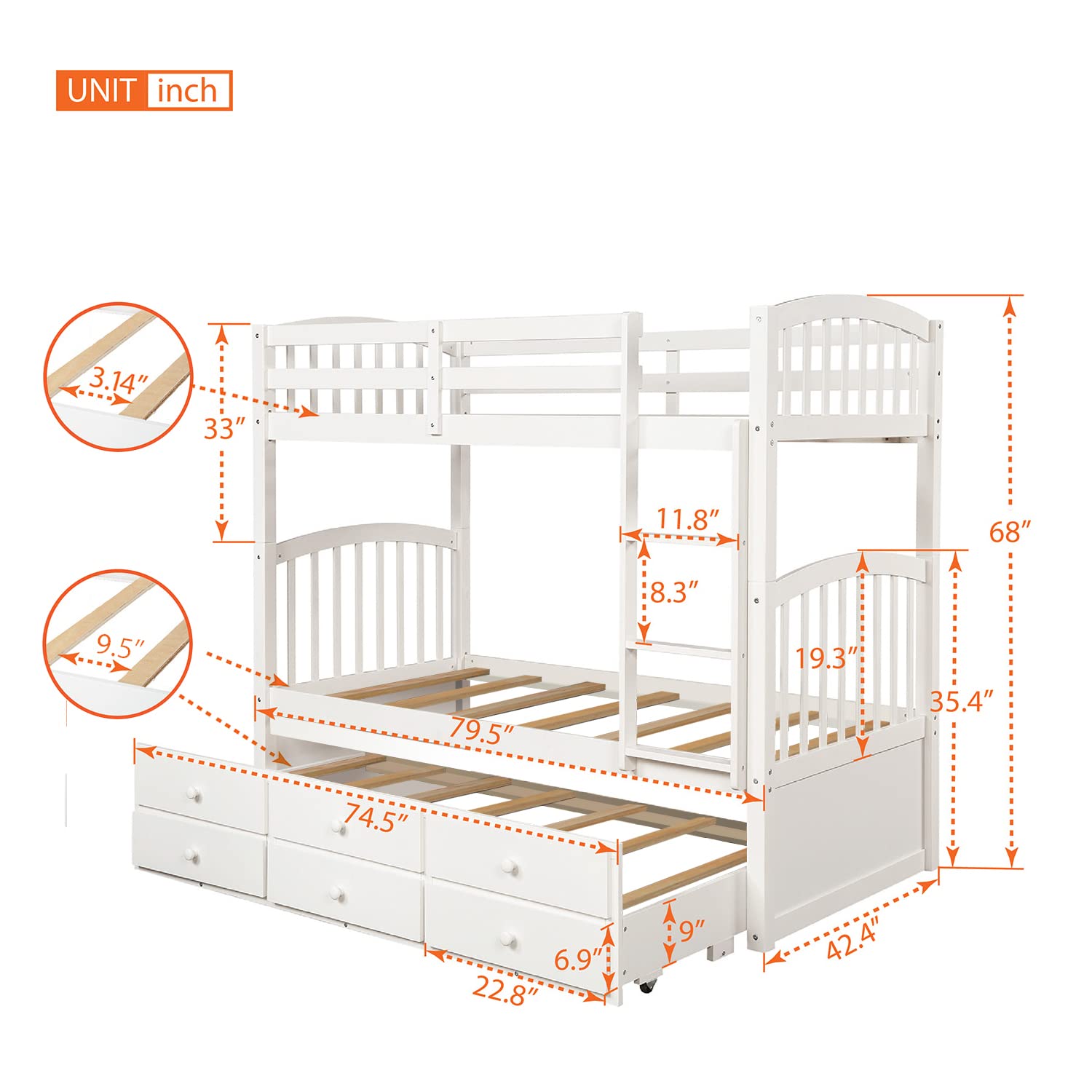 Twin Bunk Bed with Trundle & Storage - Convertible to 2 Beds - Kids Bedroom Furniture (White)