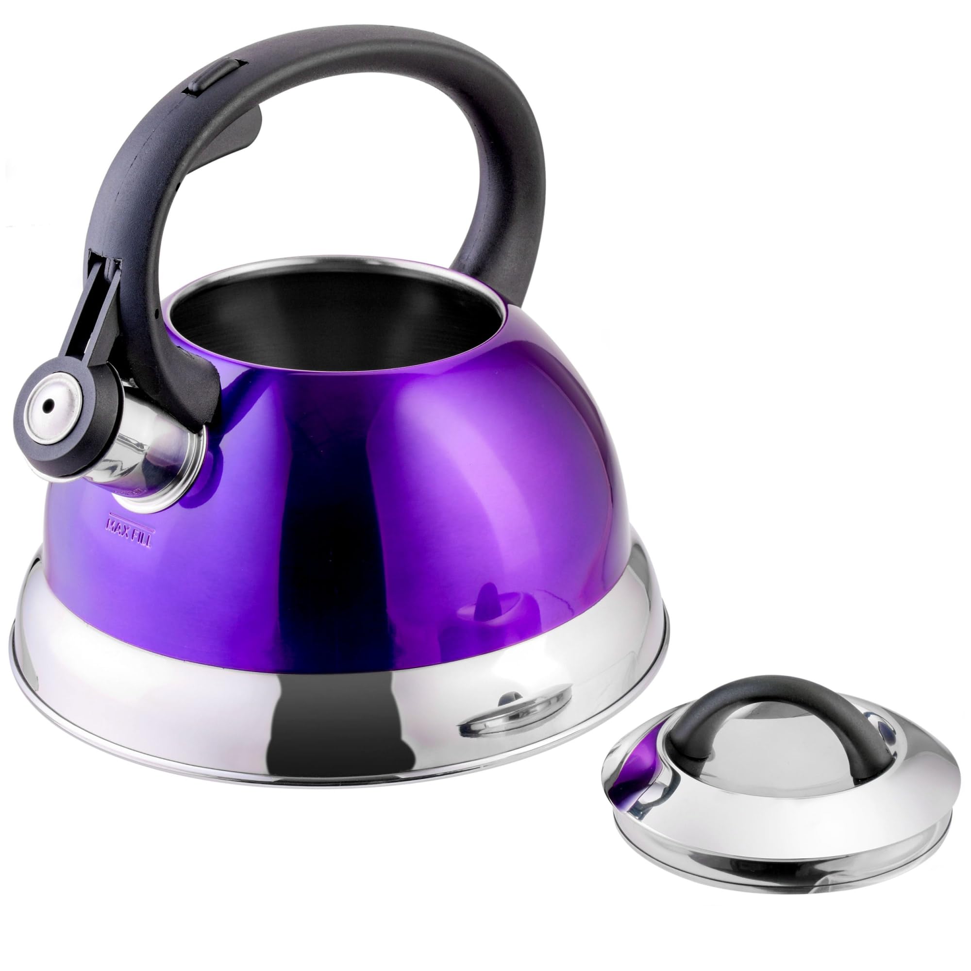 Mr. Coffee Flintshire 1.75-Quart Stainless Steel Whistling Tea Kettle with Heat-Resistant Nylon Handle - Metallic Purple | Perfect for Stovetop Tea Brewing & Kitchen Decor