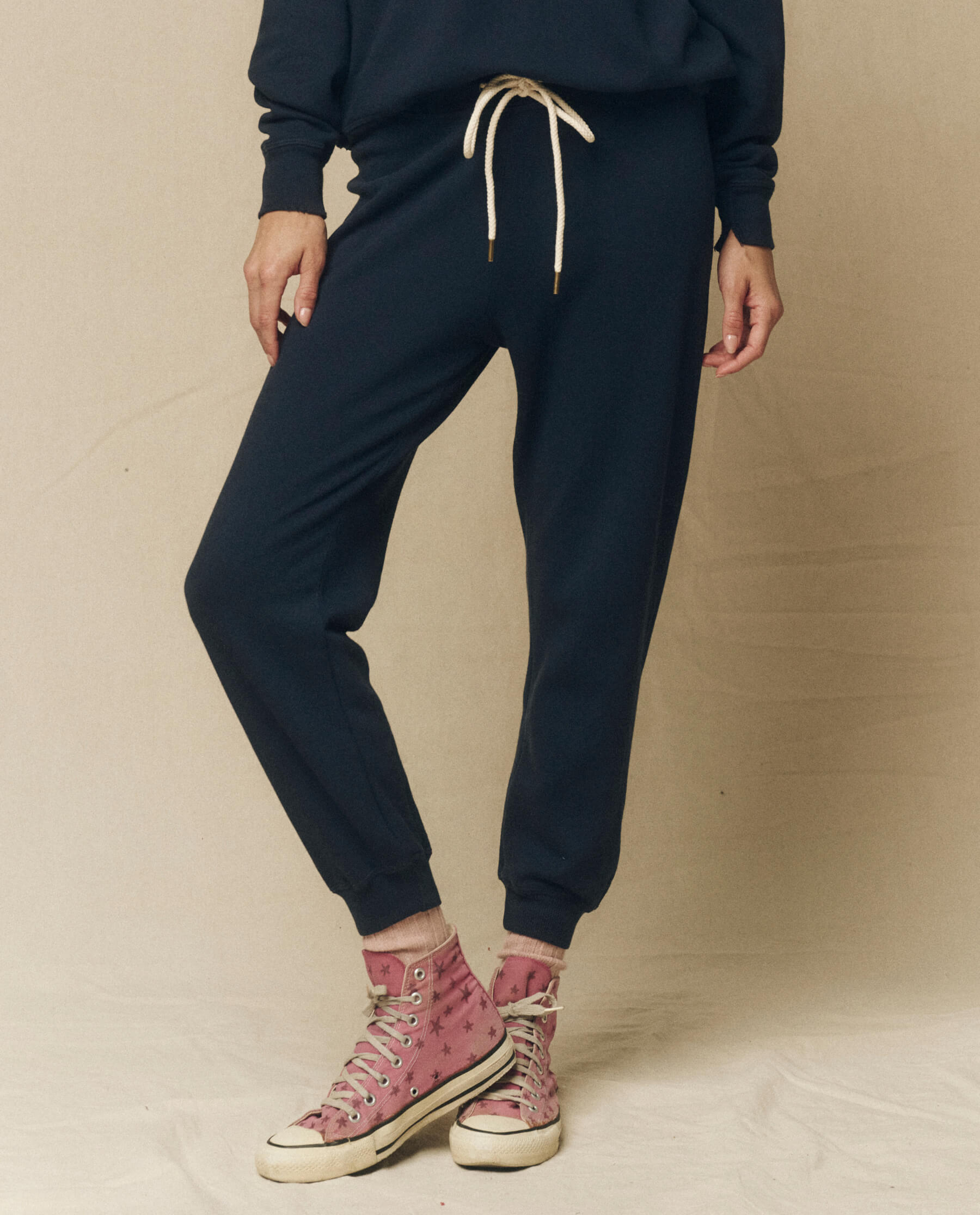 Cropped Sweatpants for Women - Solid True Navy Cotton Joggers | Casual Lounge Pants for Home, Yoga & Running