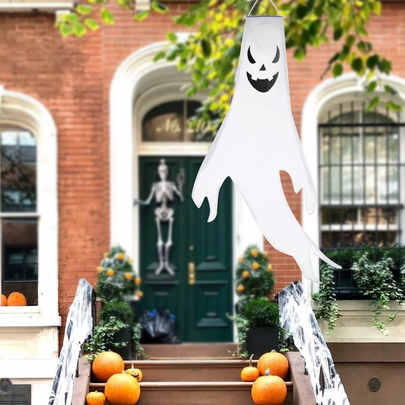 Spooky White Ghost Windsock - Halloween Tree & Yard Decoration for Front Door, Porch, Patio, Lawn | Outdoor Party Decor & Seasonal Home Decorating | Perfect for Halloween Parties, Trick-or-Treat Decor, Haunted House Themes
