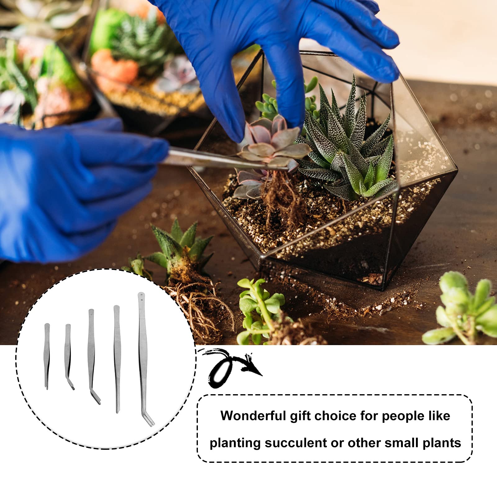 5-Piece Bejeweled Gardening Tweezers Kit - Mini Bonsai & Succulent Plant Tools, Stamp Collector Tweezers, DIY Planting Accessories for Small Gardens, Terrariums & Jewelry Making
