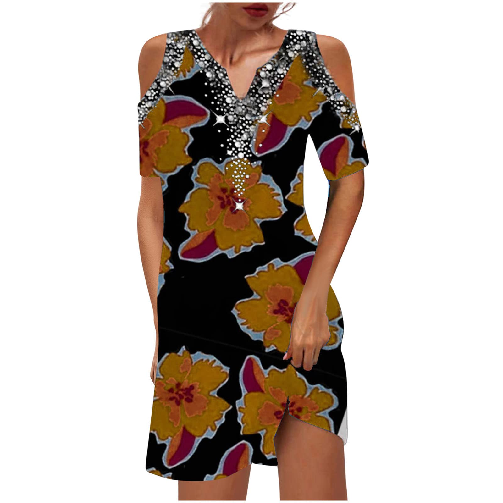 Sexy V-Neck Floral Print Hollow Out Mini Dress for Women - Summer Casual Short Sleeve Party Dress - Perfect for Beach Vacations, Date Nights & Club Outings