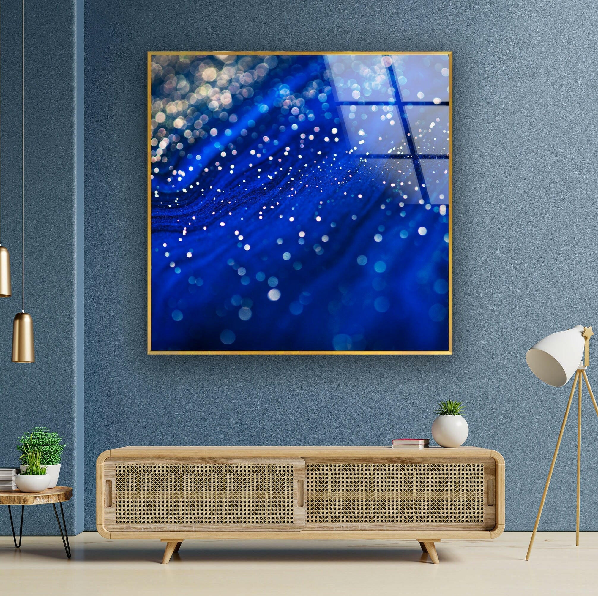Blue Shiny Abstract Glass Wall Art - Modern Home Decor for Living Room, Bedroom & Office - Handmade Glass Painting for Unique Interior Design