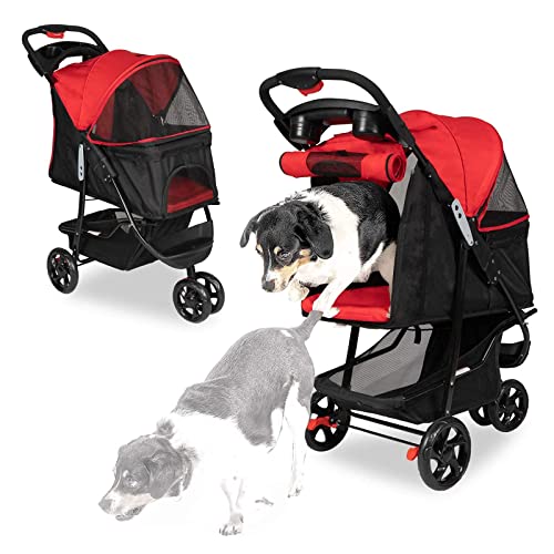 Kinpaw Foldable 3-Wheel Pet Stroller for Cats & Dogs - Lightweight Carrier with Storage Basket & Removable Liner (Red) - Perfect for Vet Visits, Outdoor Walks & Travel
