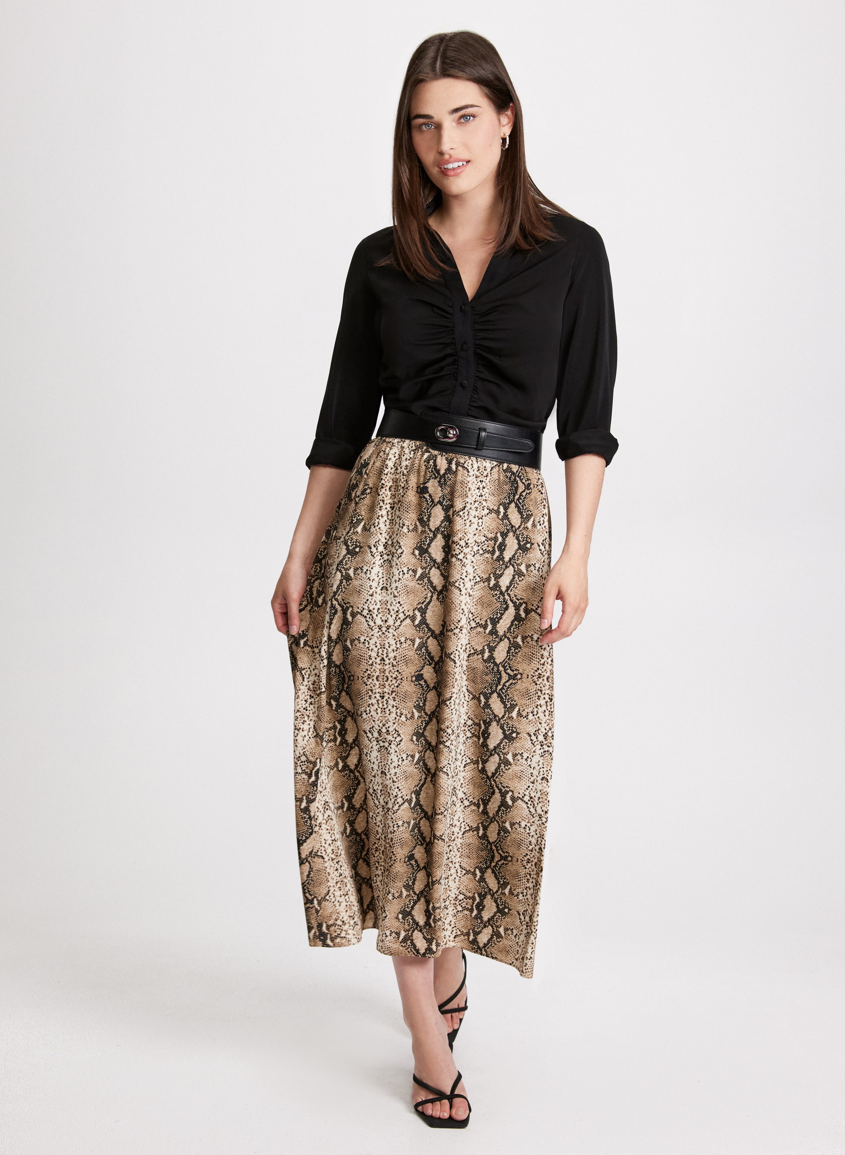 Stylish Button Down Blouse & Chic Snake Print Skirt Set - Women's Fashion Outfit for Office, Date Night & Special Occasions