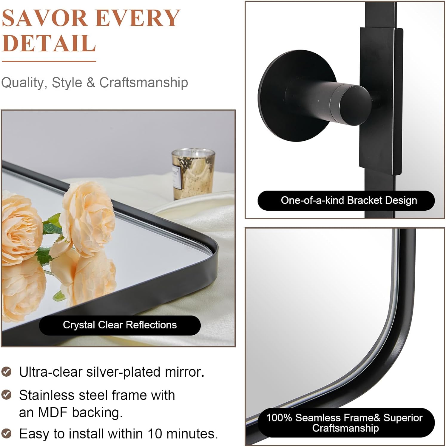 MOON MIRROR Matte Black Pivot Tilt Rectangle Bathroom Mirror with Stainless Steel Frame - Perfect for Vanity, Makeup, Shaving & Home Decor