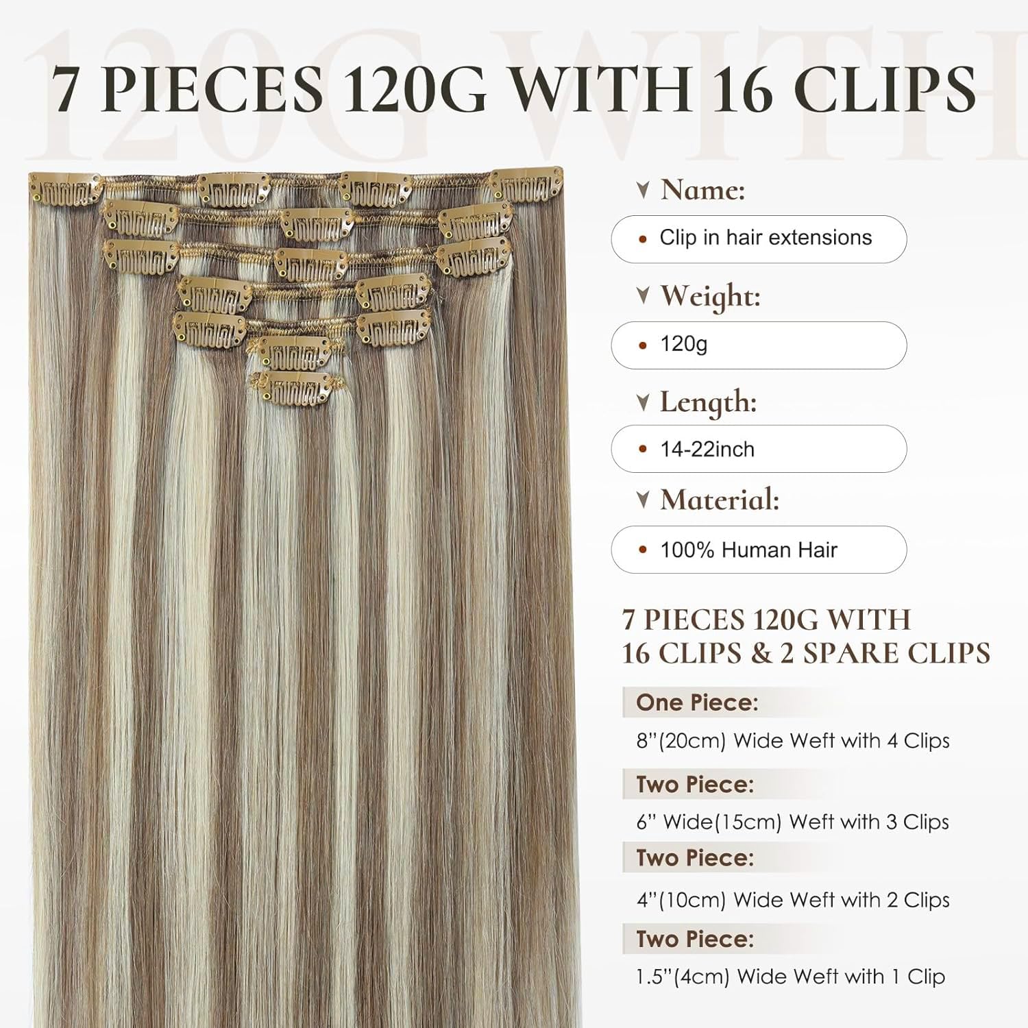 22 Inch Clip in Human Hair Extensions - 7PCS 120g Ash Brown Highlights with Platinum Blonde - 100% Remy Natural Straight Double Weft Invisible Clip Ins - Perfect for Parties, Weddings & Daily Styling