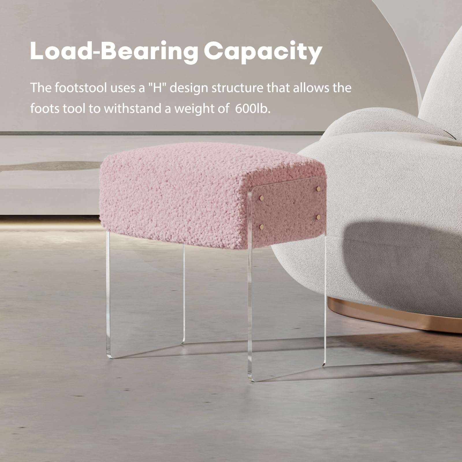 Modern Vanity Stool Chair & Foot Rest Ottoman with Wool Upholstery & Acrylic Legs - Pink Makeup Stool for Bedroom, Living Room, Dressing Room | Perfect for Makeup Vanity, Lounging & Home Decor