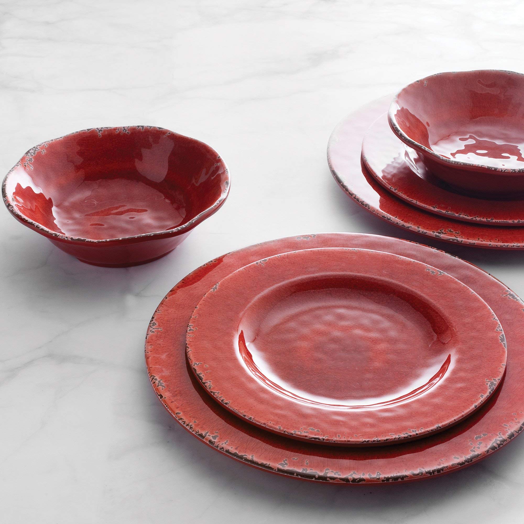 UPware 16-Piece Crackle Melamine Dinnerware Set - Durable Outdoor Dishes, Plates & Bowls for 4 - Shatterproof Red Tableware - Perfect for Picnics, Camping, and Patio Dining
