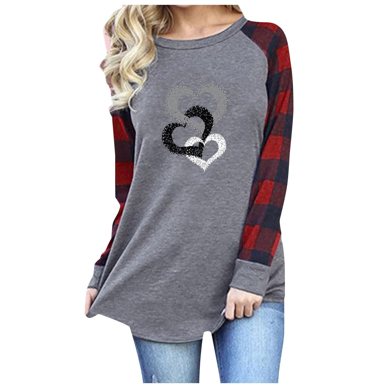Women's Workout Tops - Heart Graphic Crewneck Plaid Color Block Tunic with Raglan Sleeves | Slim Fit Cute Blouse for Gym, Yoga & Casual Wear