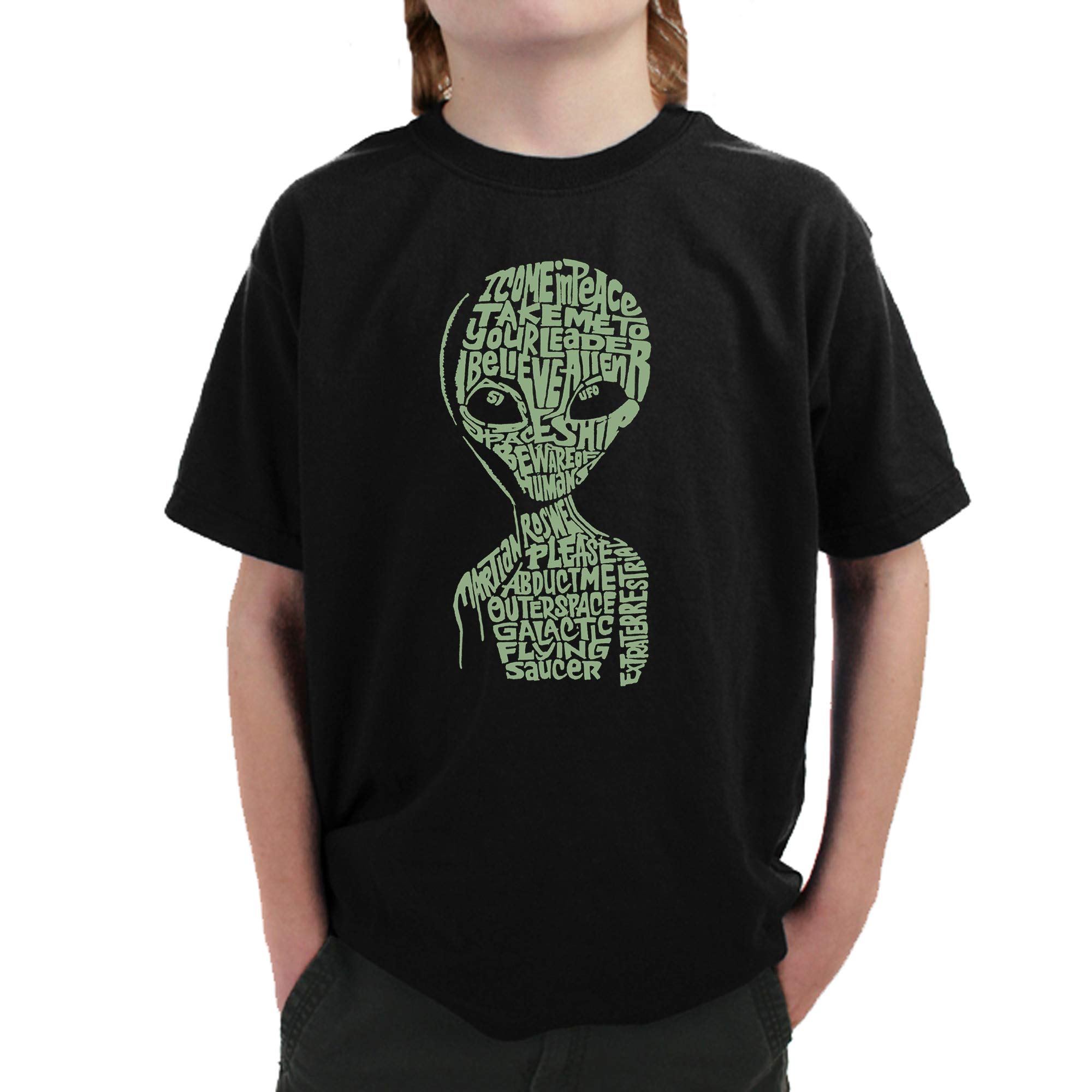 LA POP ART Boys Word Art Graphic T-Shirt - Alien Design | Trendy Cool Tee for Kids & Teens | Perfect for Casual Wear, School, and Parties