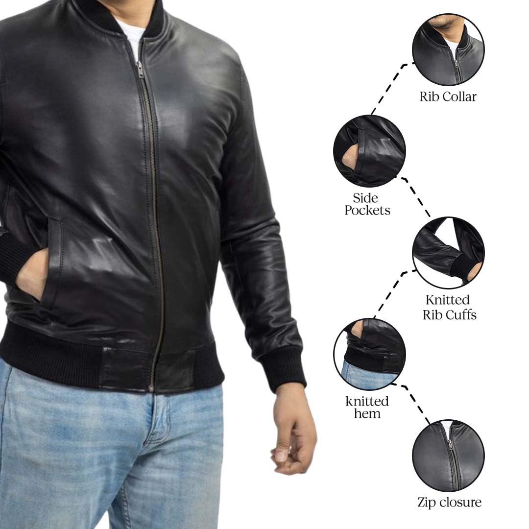 Jild Varsity Style Genuine Lambskin Leather Bomber Jacket for Men - Classic MA-1 Fashion Jacket | Perfect for Casual Wear, Date Nights & Motorcycle Riding
