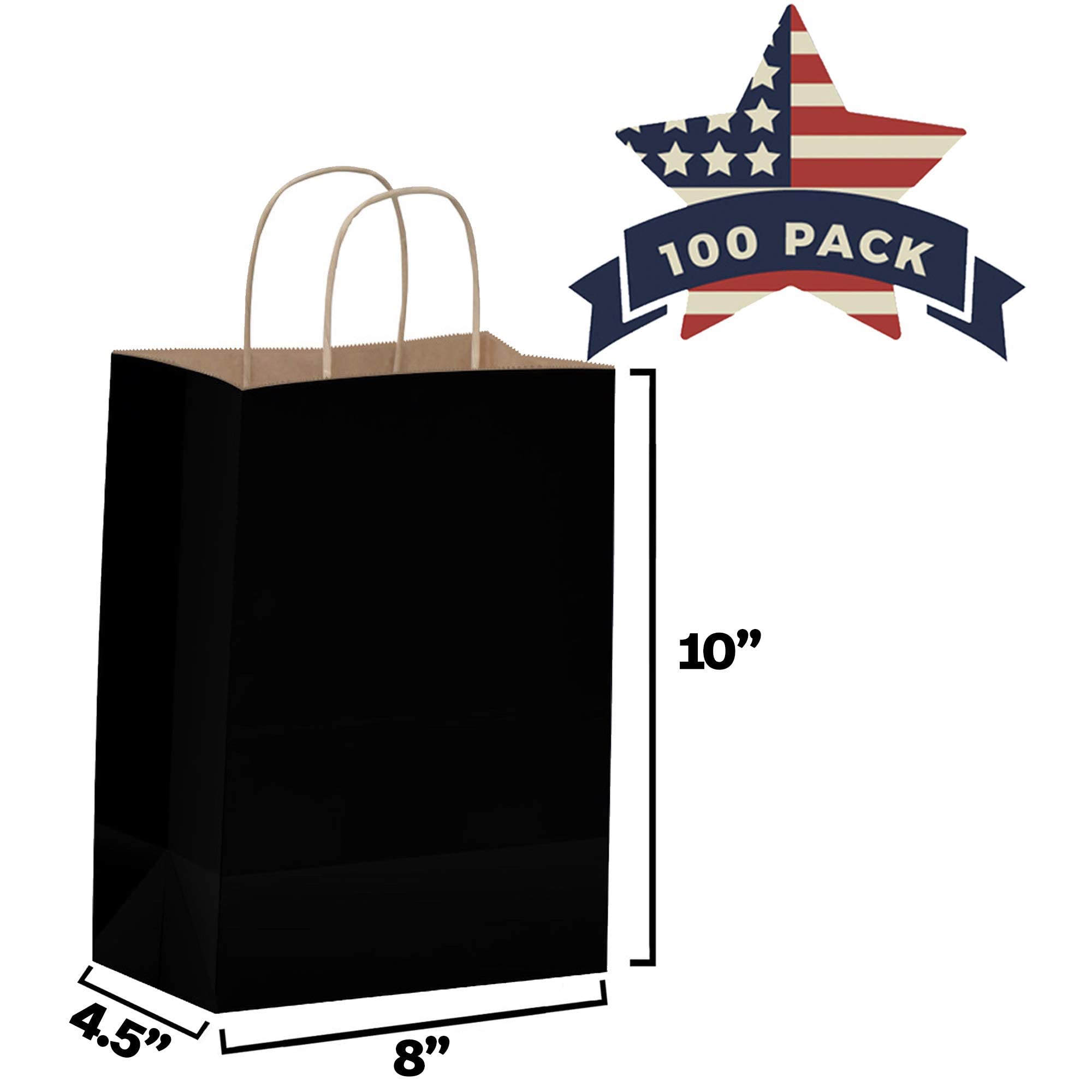 Qutuus 100-Pack Black Kraft Paper Gift Bags with Handles - 8x4.5x10 Inch Bulk Shopping Bags for Retail, Parties, Favors & Business | Eco-Friendly Merchandise Packaging for Stores, Weddings & Events