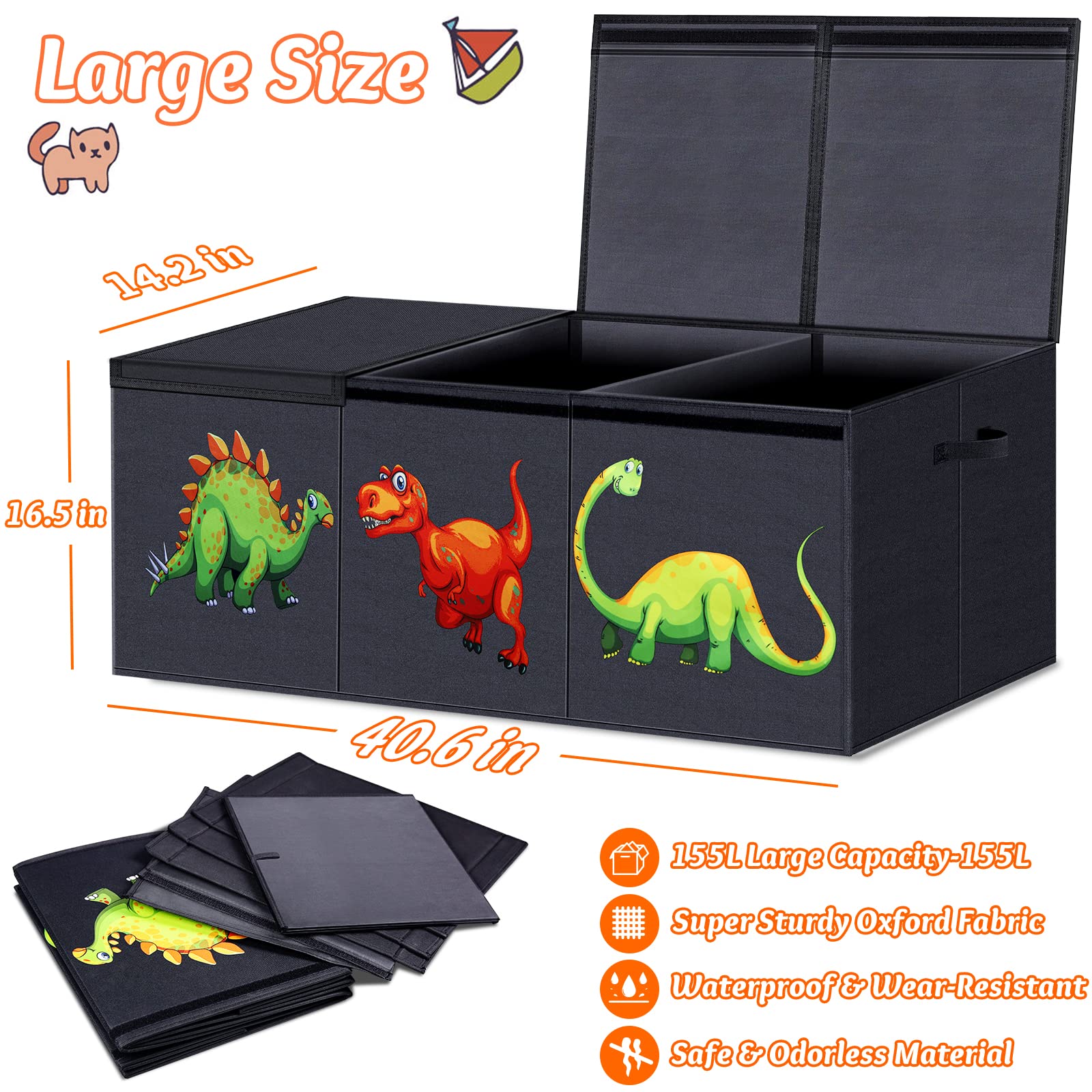Dinosaur Toy Storage Box for Kids - Large Collapsible Toy Chest with Lid, Sturdy Organizer for Boys & Girls, Nursery, Playroom, Closet - 40.6