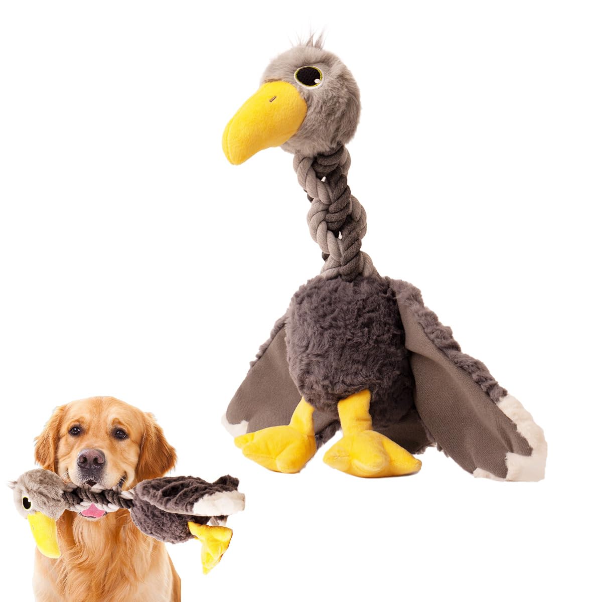 Durable Squeaky Dog Toys for Large & Medium Breeds - Crinkle Paper & Rope Chew Toys for Puppies & Aggressive Chewers, Soft Plush Tug Toy for Teething Relief (Grey Bird) - Perfect for Playtime, Training & Dental Health