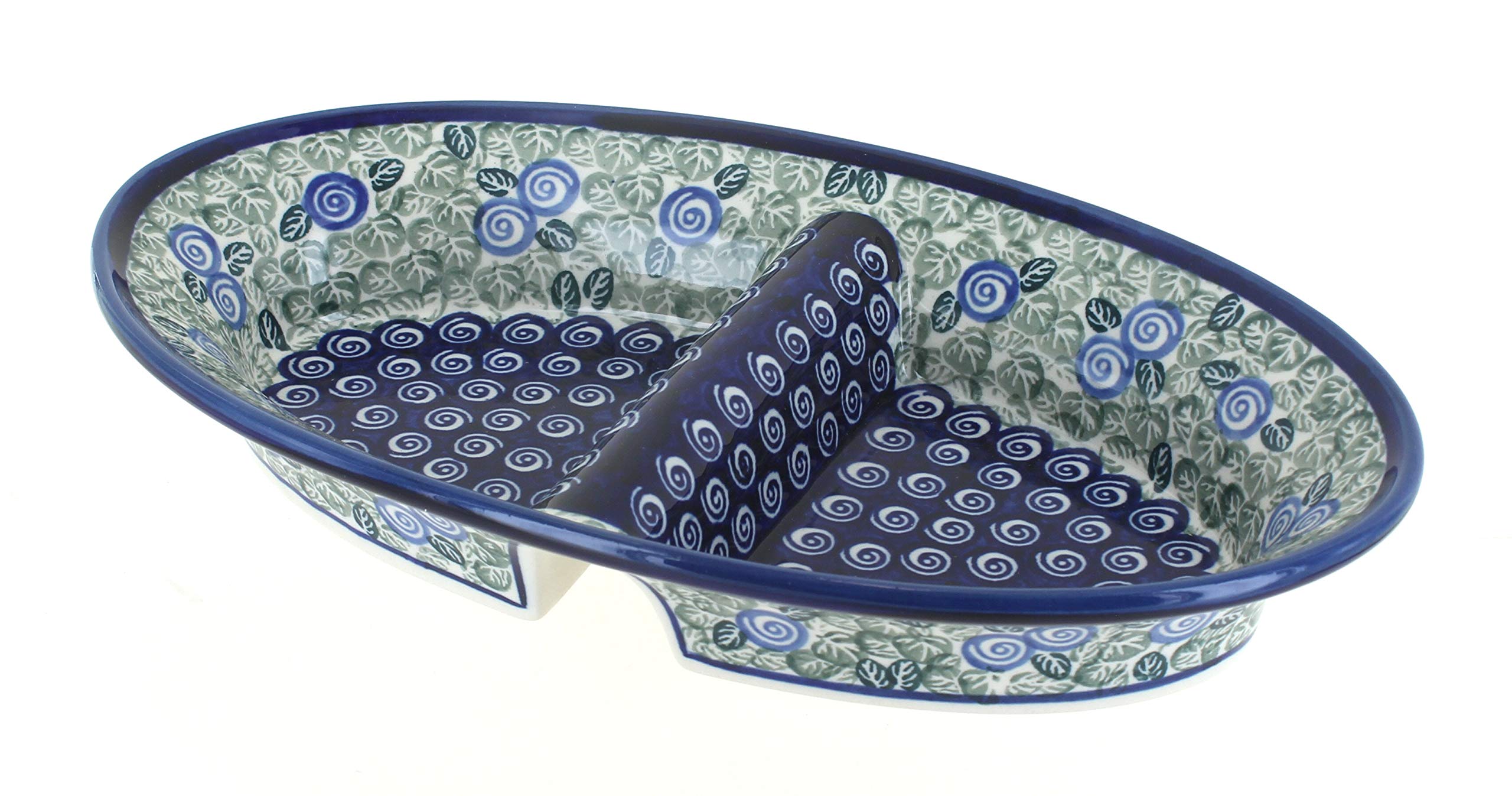 Blue Rose Polish Pottery Seaside Swirl Divided Serving Dish - Elegant Appetizer Plate for Entertaining, Cheese & Charcuterie Display, Perfect for Dinner Parties & Coastal-Themed Decor