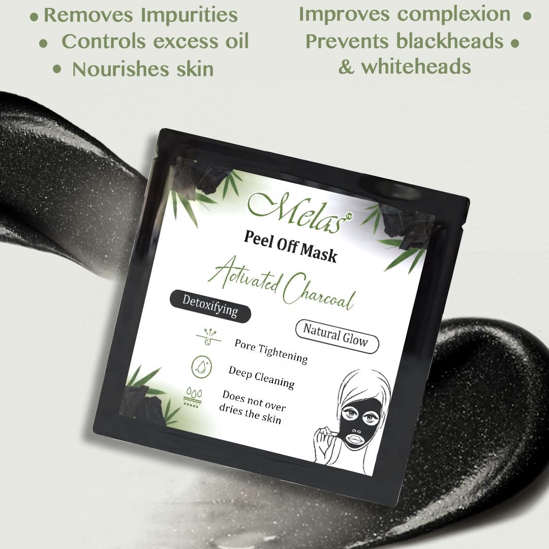 Melas Activated Charcoal Peel Off Face Mask for Men & Women - Deep Cleansing, Pore Tightening, Detoxifying Natural Glow Mask (Pack of 12) | Blackhead Removal & Skin Purifying for Acne Prone Skin | Perfect for Spa Night & Self Care Routine