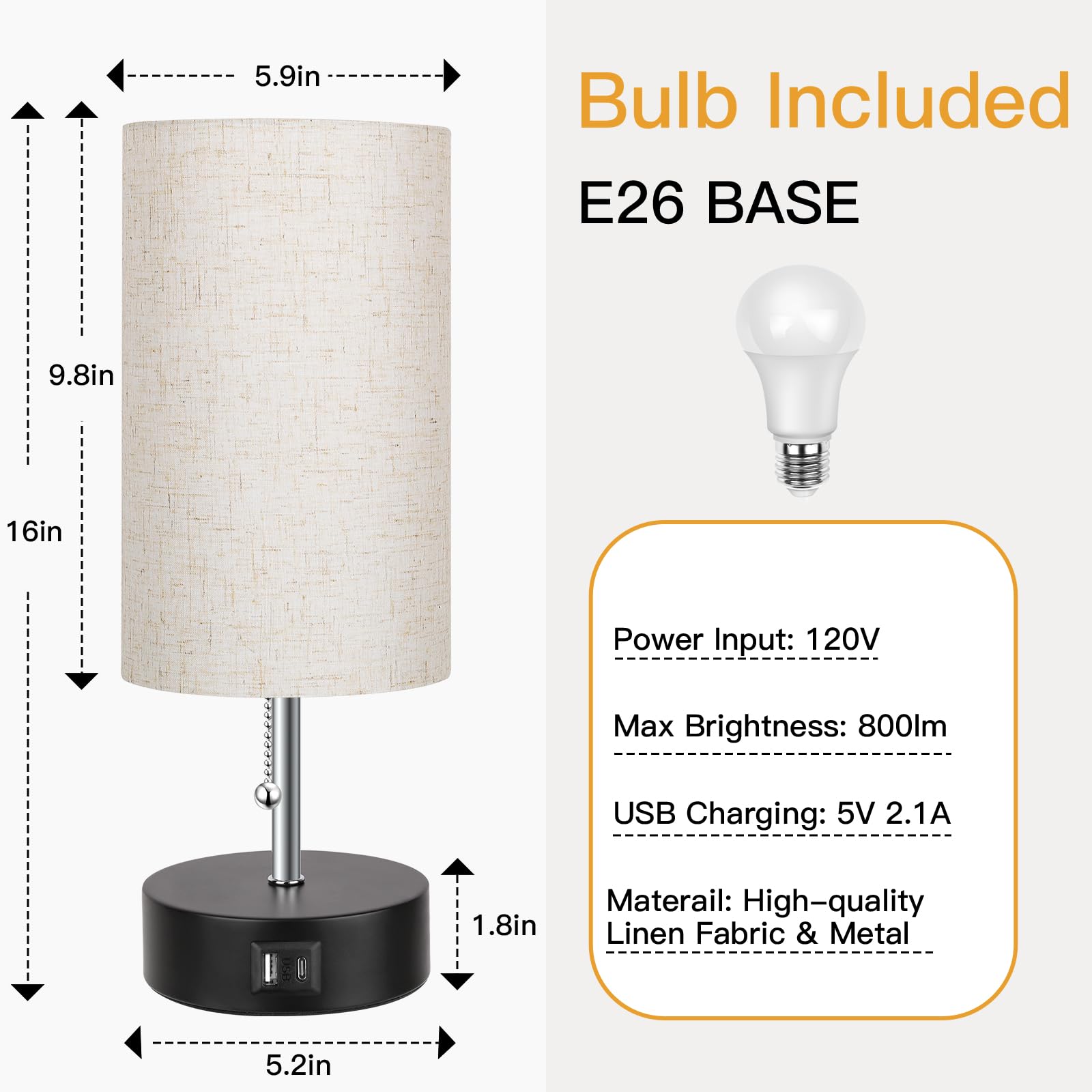 ROTTOGOON 3-Color Temperature Adjustable Bedside Lamp with USB A & C Ports, LED Nightstand Table Lamp for Bedroom, Living Room, Office, and Study (Oatmeal)