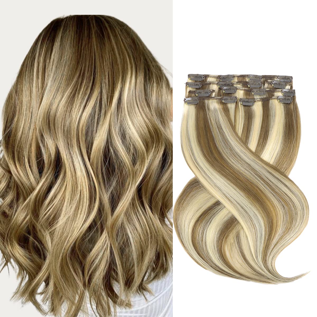 Marat Clip-In Human Hair Extensions 18 Inch 120g - Medium Brown with Golden Blonde Highlights, Straight Remy Hair for Length & Volume | Perfect for Parties, Weddings & Daily Styling