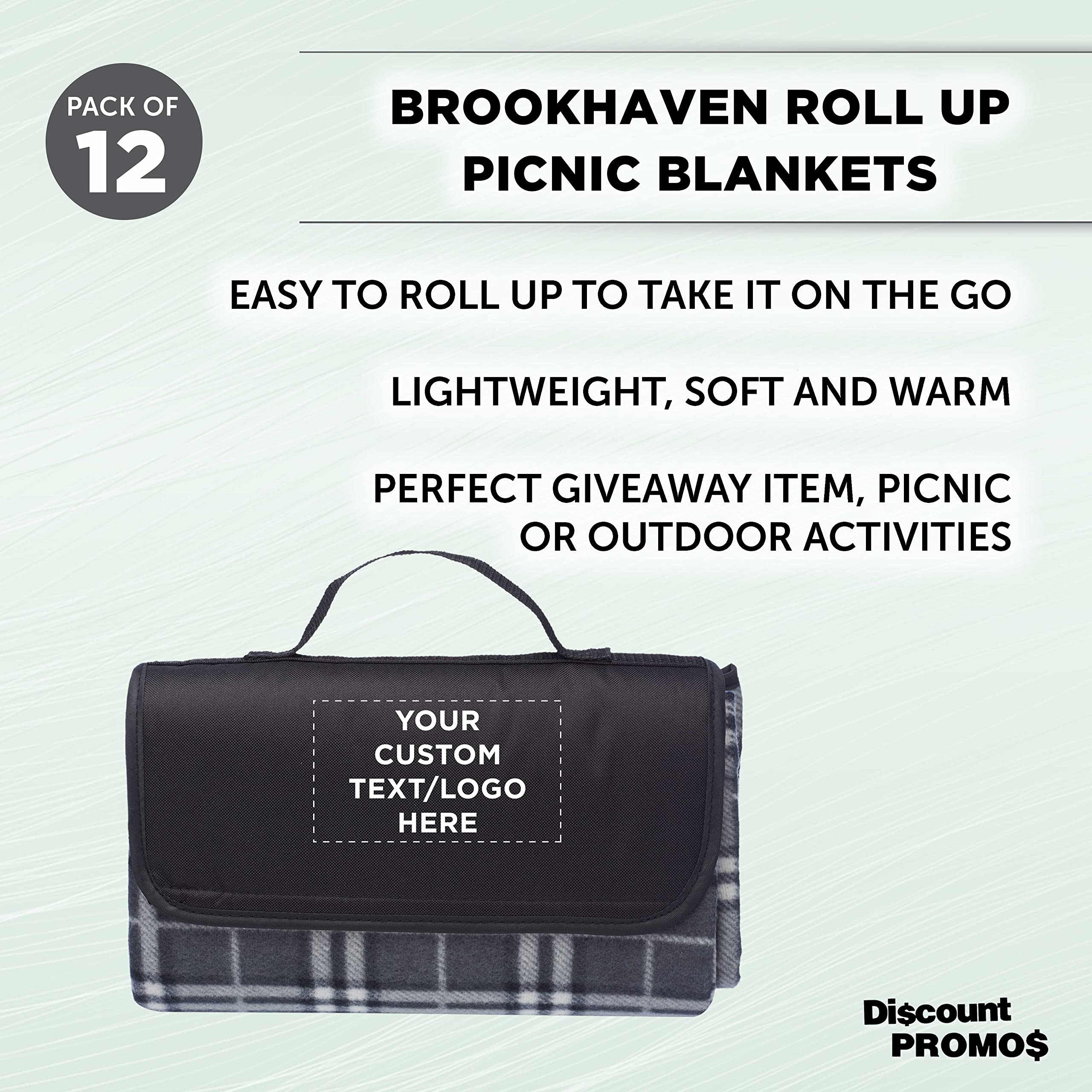 Custom Brookhaven Roll-Up Picnic Blankets - 12-Pack Bulk Set with Personalization | Waterproof Outdoor Blankets for Camping, Beach, Picnics, Sports & Tailgating | Perfect for Family Outings, Concerts & Park Adventures - Grey