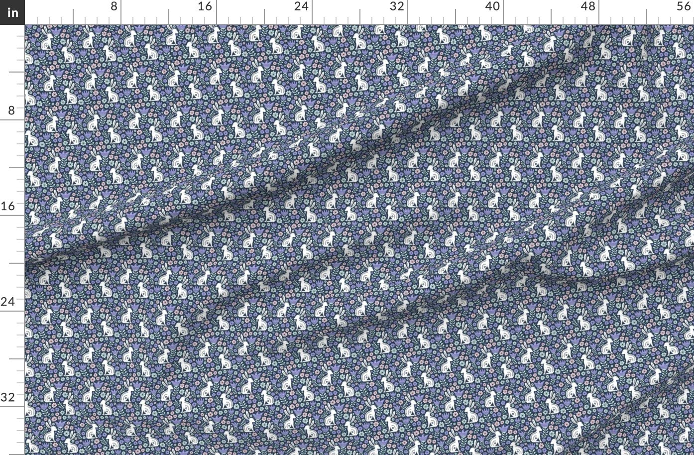Easter Folk Bunny Rabbit Spring Scandi Floral Navy Printed Organic Cotton Sateen Fabric by The Yard - Premium Spoonflower Material for Sewing, Quilting, Apparel & Home Decor - Perfect for Easter Crafts, Spring Dresses and Cozy Home Decorations