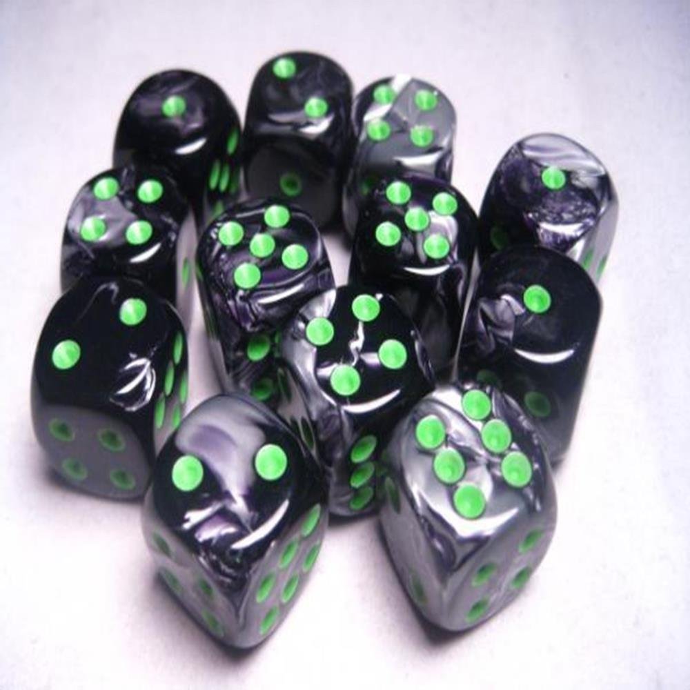 Chessex Gemini Black Grey Green 16mm Six Sided Dice Set - 12 Pack of D6 Polyhedral Gaming Dice for Dungeons & Dragons, RPGs, Board Games and Tabletop Adventures