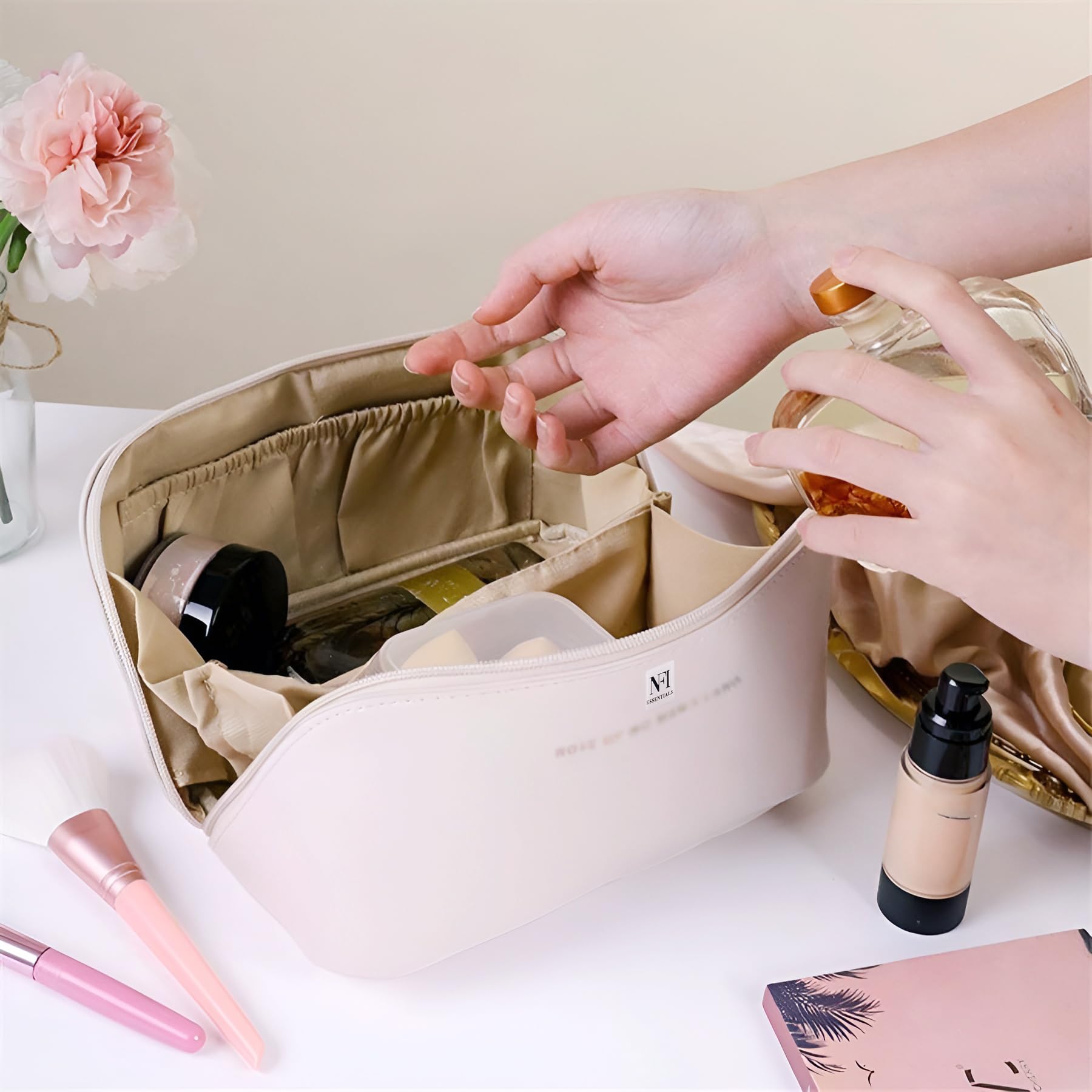 NFI Essentials Women's Leather Cosmetic Travel Organizer Bag - Portable Makeup Pouch & Toiletry Bag with Wide Opening, Handle & Divider - Perfect for Air Travel, Gym & Weekend Getaways