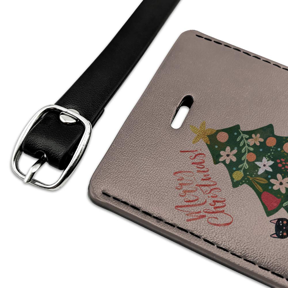 Christmas Tree with Cat Design Rectangle Leather Luggage Tag - Durable Carry-On ID Tag for Suitcases, Backpacks & Travel Bags - Perfect Gift for Cat Lovers & Holiday Travelers