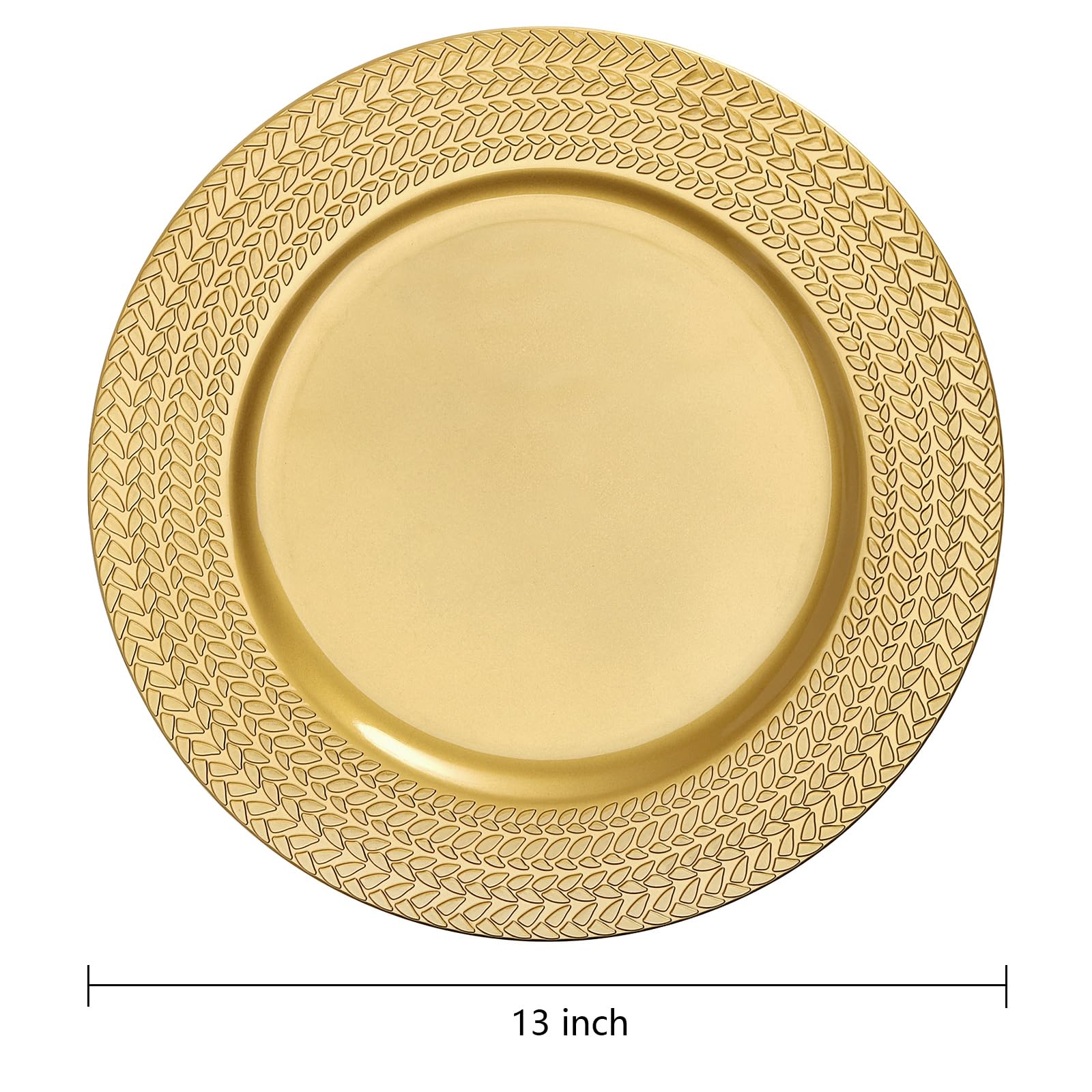 SOUJOY 12 Pack 13 Inch Gold Plastic Charger Plates - Elegant Leaf Trim Antique Dinner Plates for Wedding, Party, Anniversary, Thanksgiving & Christmas Decor - Perfect for Formal Dining, Buffet Settings & Holiday Tablescapes