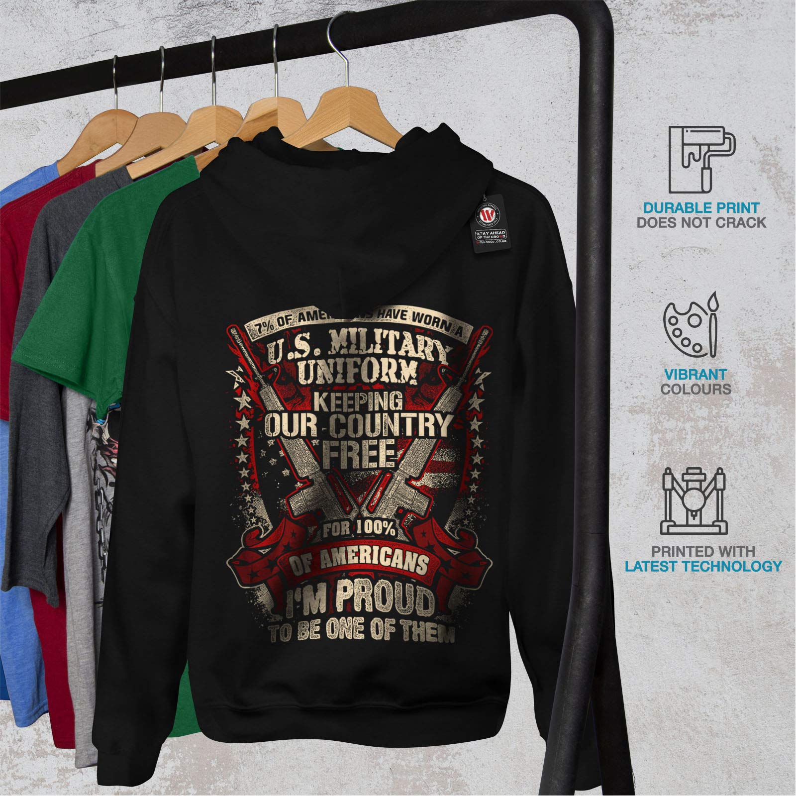 Wellcoda USA Military Men's Hoodie - Army America Printed Pullover Sweatshirt for Outdoor, Hiking & Casual Wear