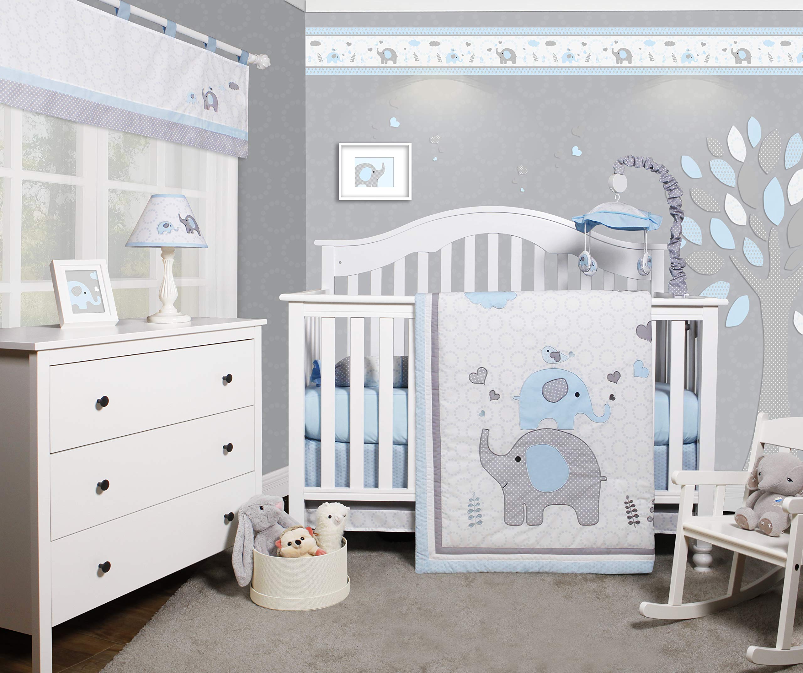 OptimaBaby 5-Piece Blue & Grey Elephant Baby Nursery Bedding Set - Soft Crib Bedding for Boys - Breathable & Safe Baby Boy Crib Set - Perfect for Newborn Nursery Decor & Baby Shower Gifts