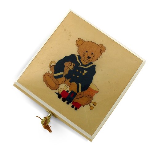 Adorable Beige & Ivory Navy Thread Teddy Bear with Toys & Music Box - Plays 12 Days of Christmas & More - Perfect for Baby Showers, Christmas Gifts & Nursery Decor