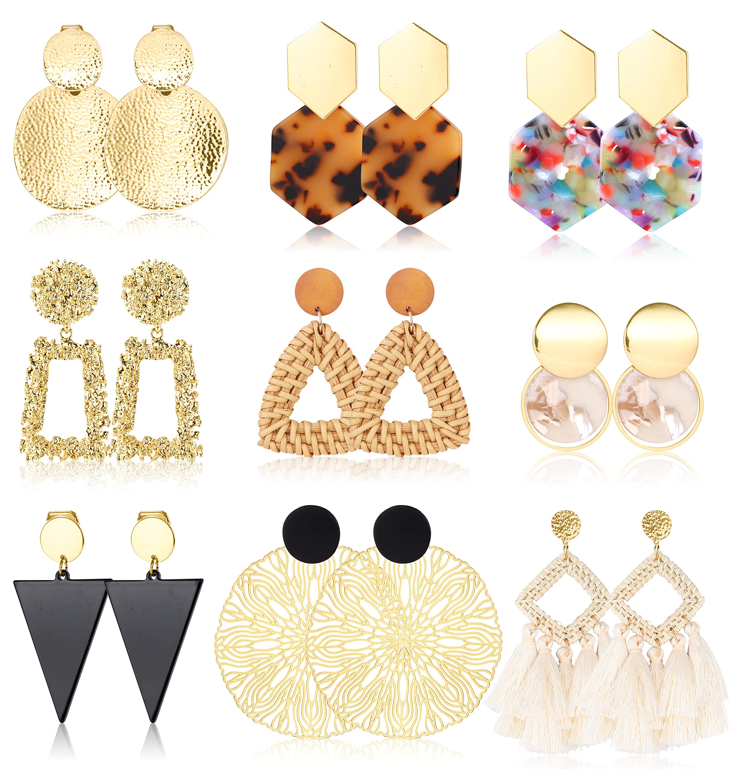 HAIAISO 9 Pairs Clip-On Drop Earrings for Women - Lightweight Rattan Resin Acrylic Tassel Dangle Earrings - Non-Piercing Geometric Hoop Earrings - Perfect for Parties, Weddings & Everyday Wear