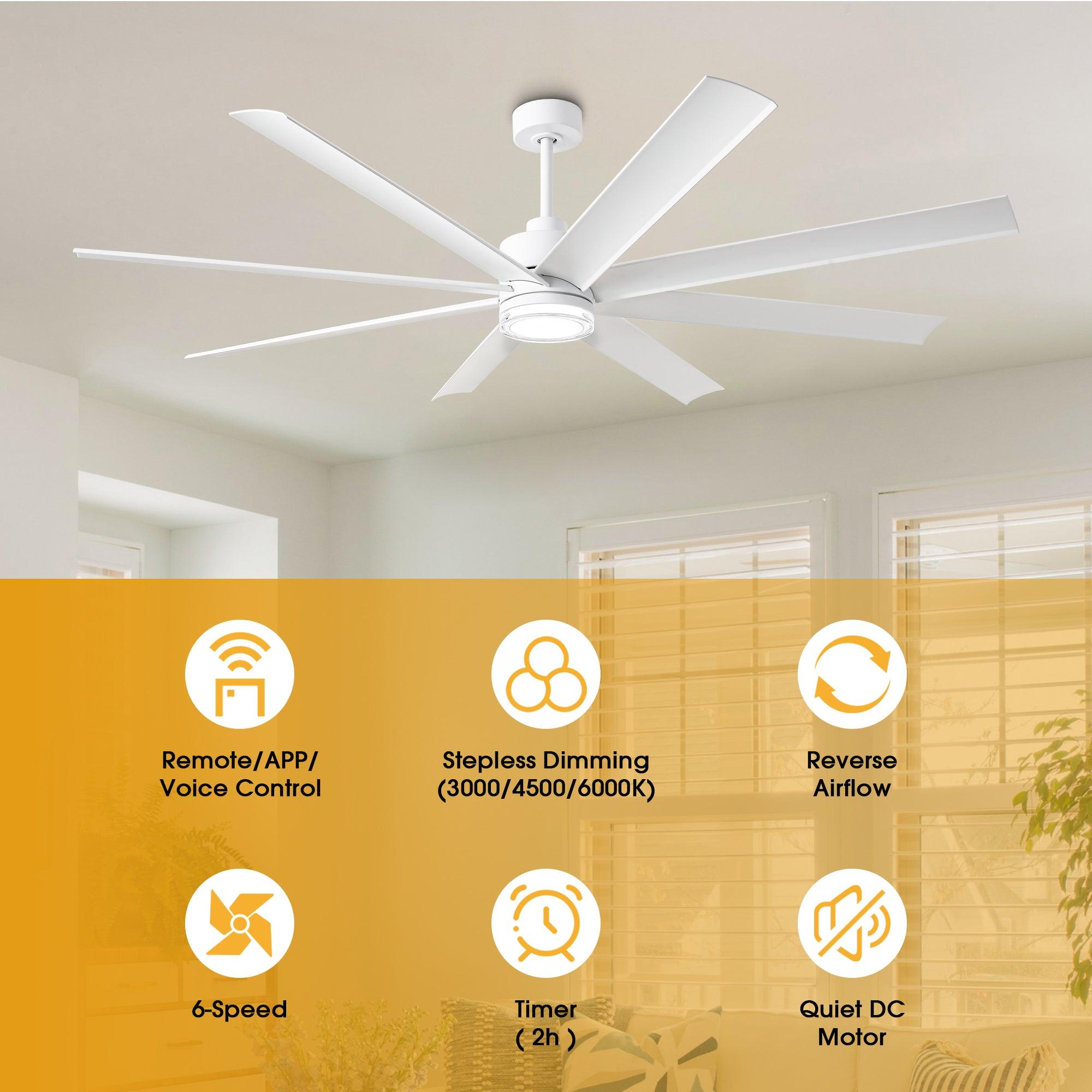 72 Inch Modern Smart Ceiling Fan with LED Light and Downrod Mount - Perfect for Living Room, Bedroom, and Office Cooling & Lighting