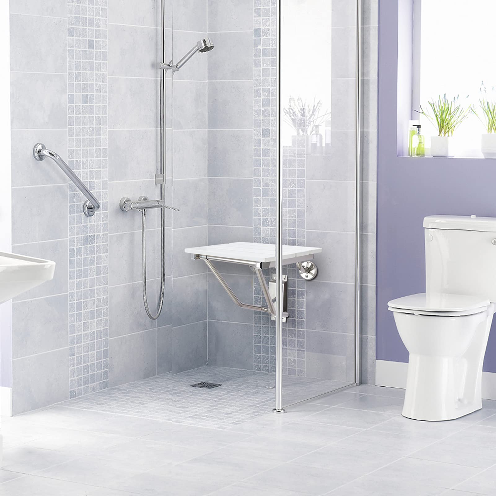Foldable Wall Mounted Shower Seat & Bench - Sturdy 350lb Capacity, Space Saving Collapsible Shower Stool for Bathroom, Bathtub & Small Spaces - Perfect for Elderly, Disabled & Handicap Safety (Plastic Wood Design)