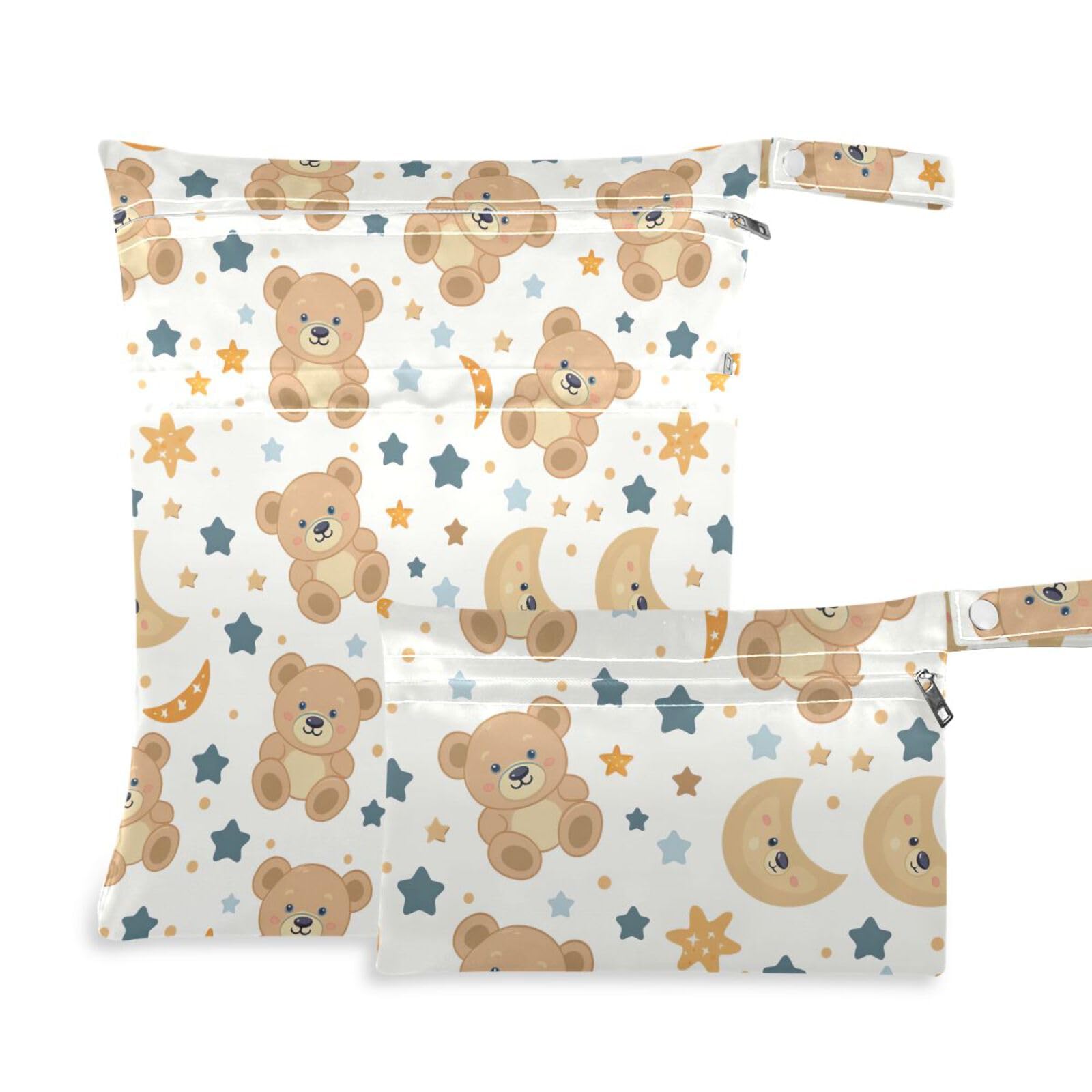 Waterproof Wet Dry Bag Set of 2 - Kawaii Teddy Bear & Stars Moon Design for Diapers, Swimsuits & Gym Clothes | Ideal for Travel, Beach, Pool & Baby Care Essentials Storage