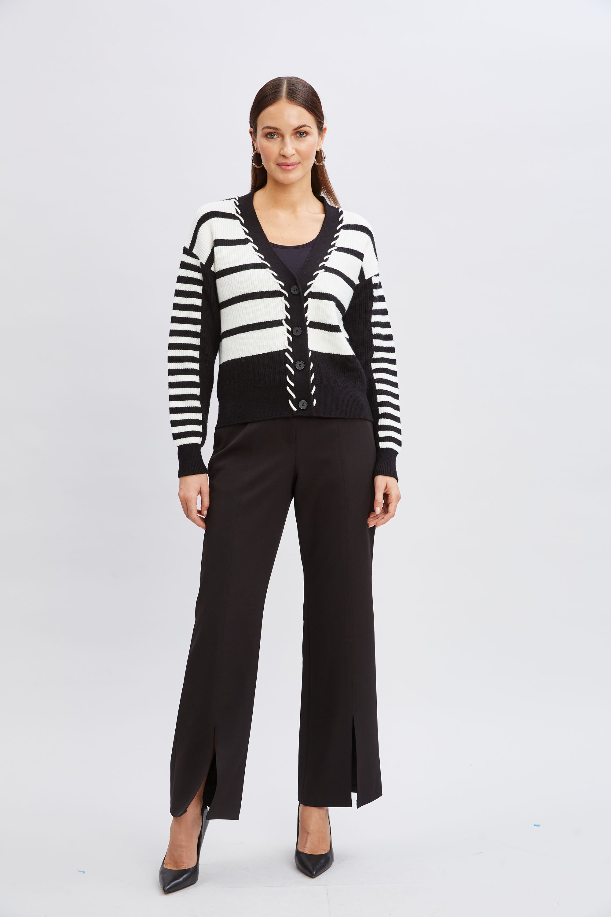 Tahari Women's Striped Knit Cardigan Sweater - Soft Long Sleeve Open Front Wrap for Office, Casual Outfits & Fall Layering