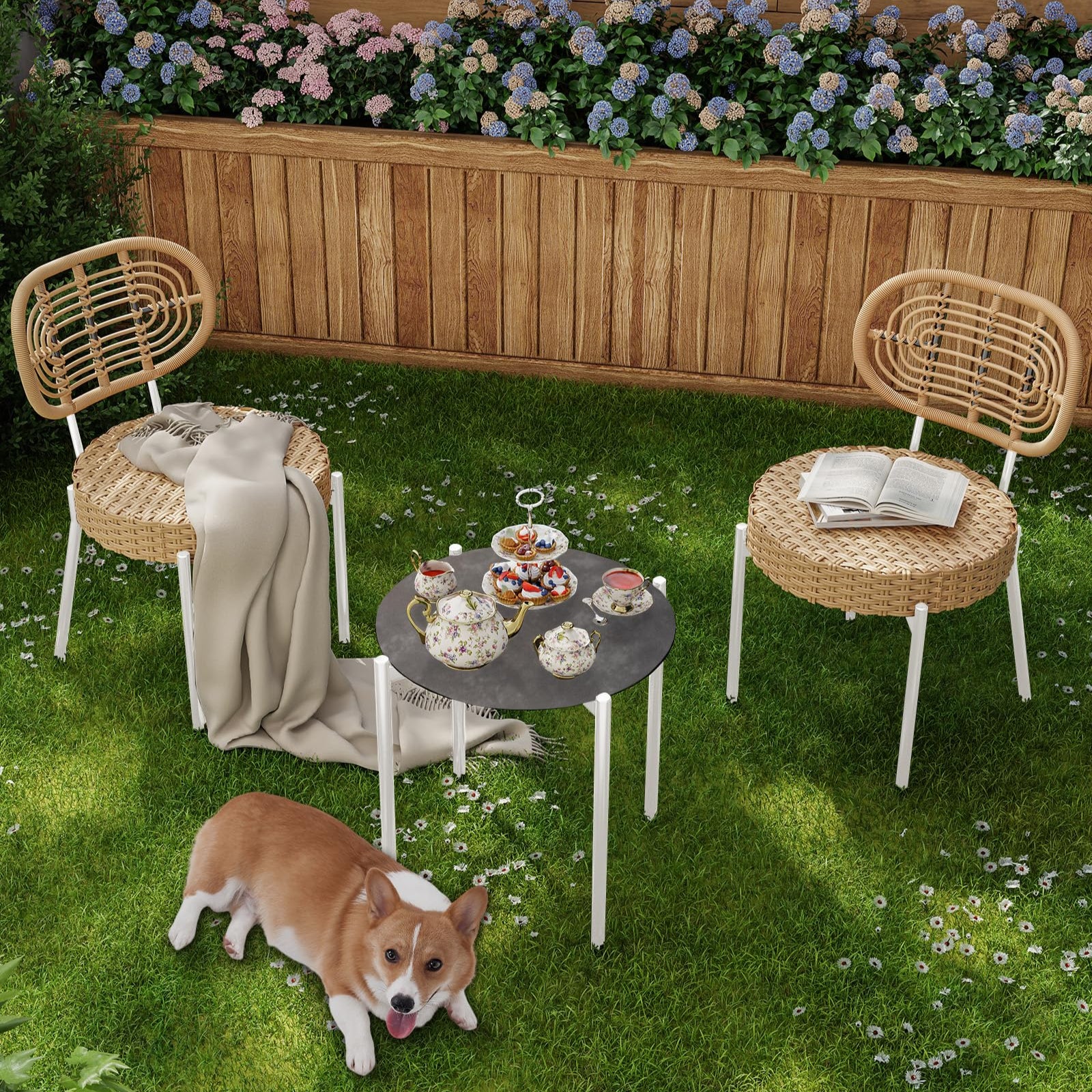GARVEE 3-Piece Patio Bistro Set - Outdoor Wicker Chairs with Glass Table - Rattan Furniture for Patio, Deck, Backyard, Garden - White & Brown - Perfect for Small Spaces & Outdoor Dining