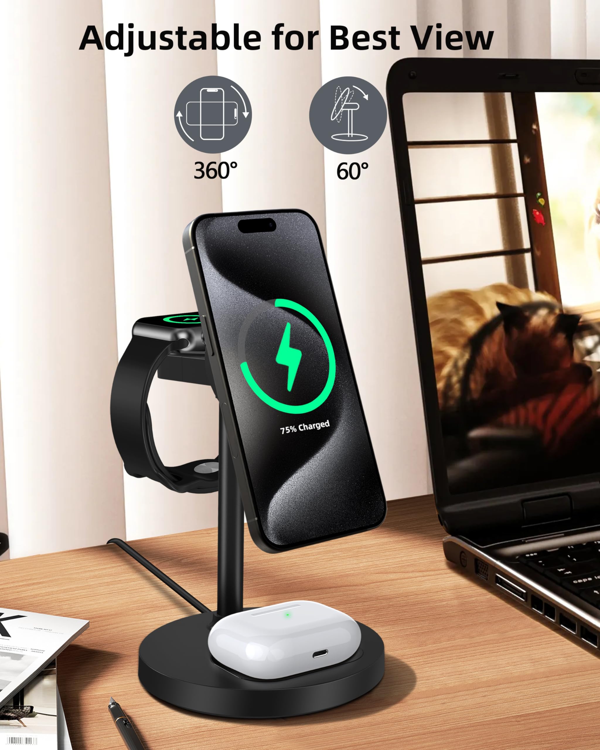 3-in-1 Magnetic Wireless Charger Stand for iPhone 16/15/14/13/12 Series | Fast Charging Station for Apple Watch & AirPods | Aluminum Alloy Base with Leather Pad (Black) - Perfect for Home, Office & Nightstand Charging