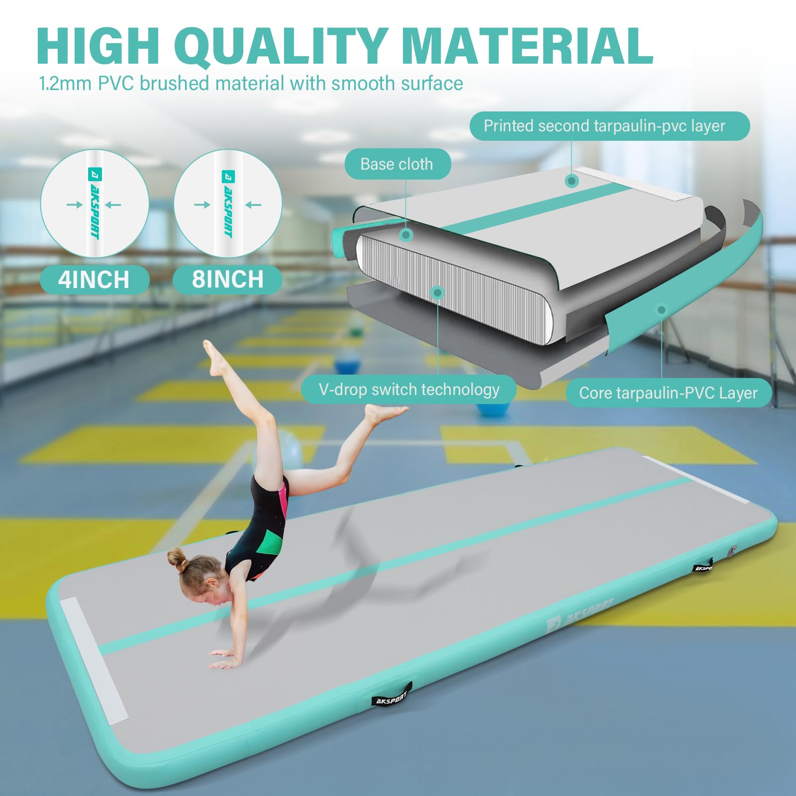 AKSPORT Inflatable Gymnastics Air Mat - Portable Tumble Track for Home, Gym, Training | Cheerleading, Parkour, Beach & Water Use | Includes Air Pump for Easy Setup