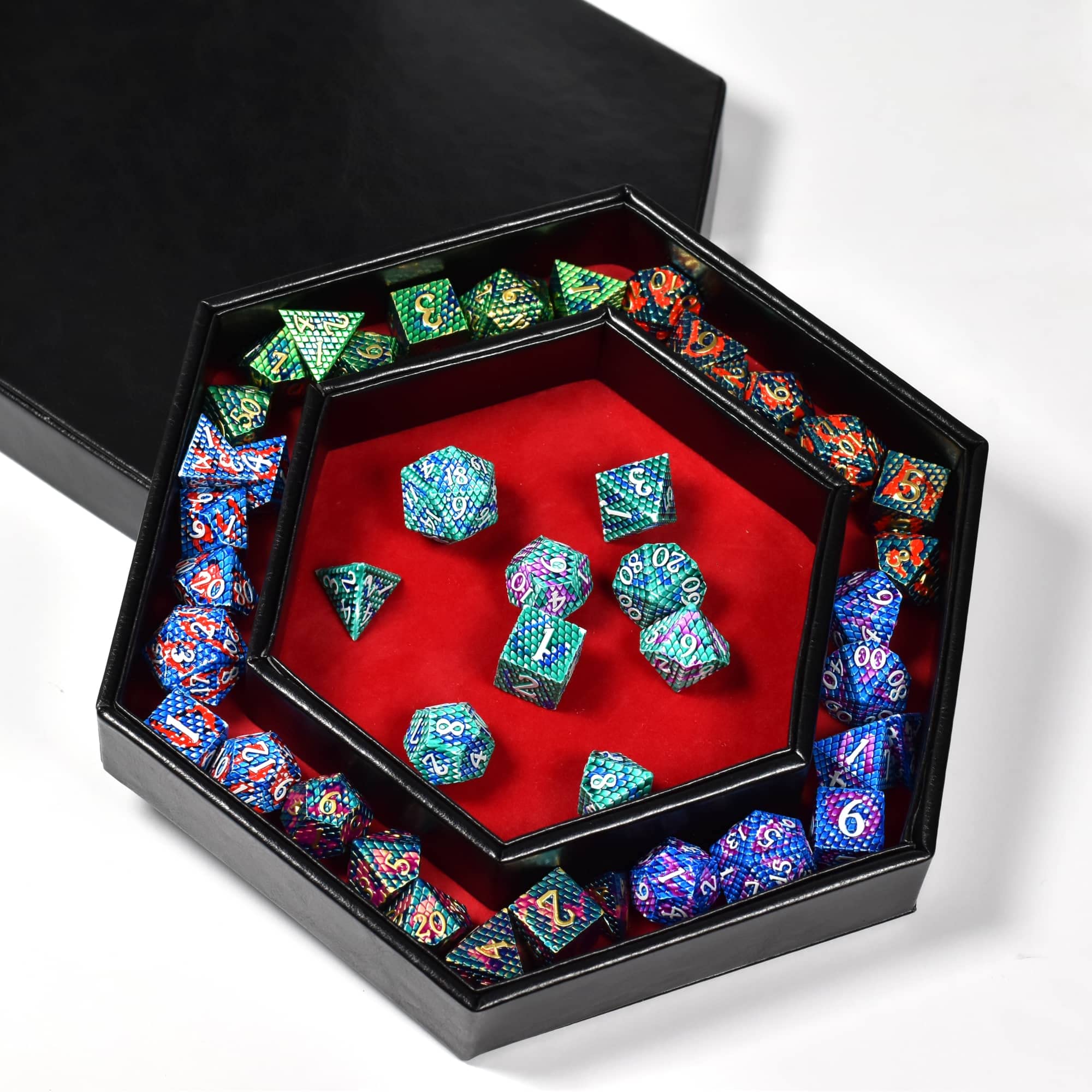 Premium Hexagonal D&D Dice Tray - 2-in-1 Rolling & Storage Tray with Faux Leather, Red Color for Dungeons & Dragons, Magic: The Gathering, RPG Games - Perfect for Tabletop Gaming Sessions & Dice Organization