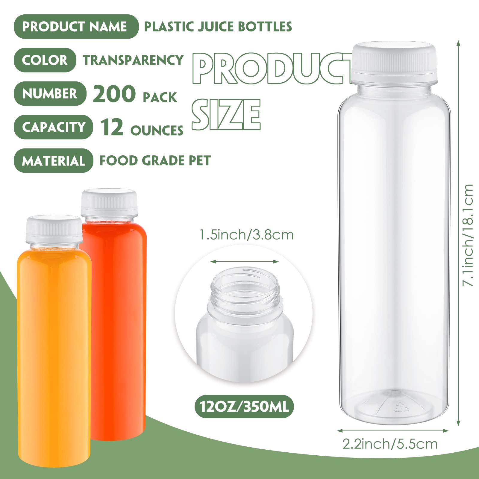 Tanlade 200 Pack 12oz Clear Plastic Juice Bottles with Lids - Reusable PET Drink Containers for Juicing, Smoothies, Beverages | Bulk Empty Bottles for Home, Restaurant, Fridge Storage & Party Drinks