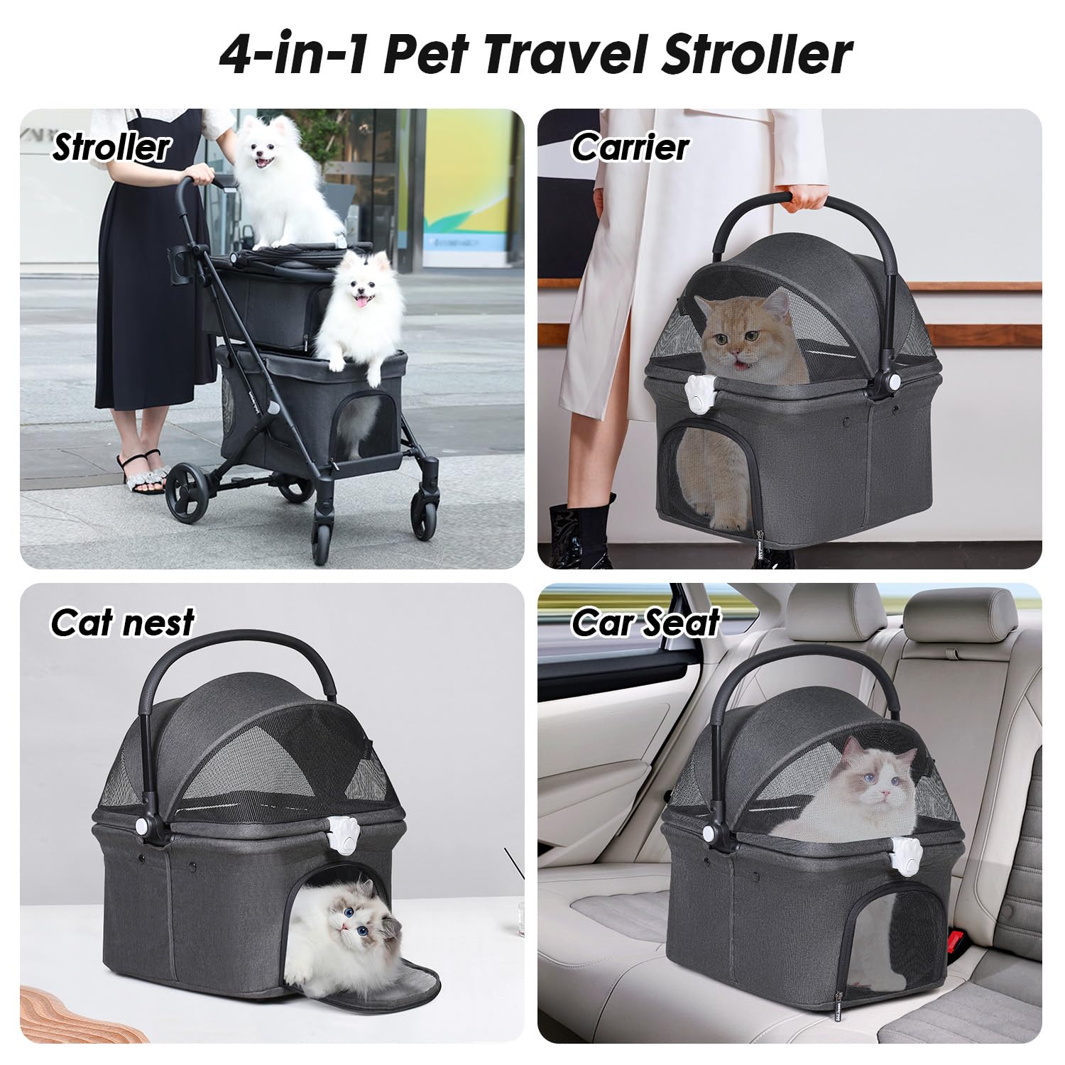 Premium T1 Double Pet Stroller for 2 Small Dogs or Cats - Lightweight Foldable Design with Detachable Carrier - Ideal for Park Walks, Vet Visits & Travel (Black)