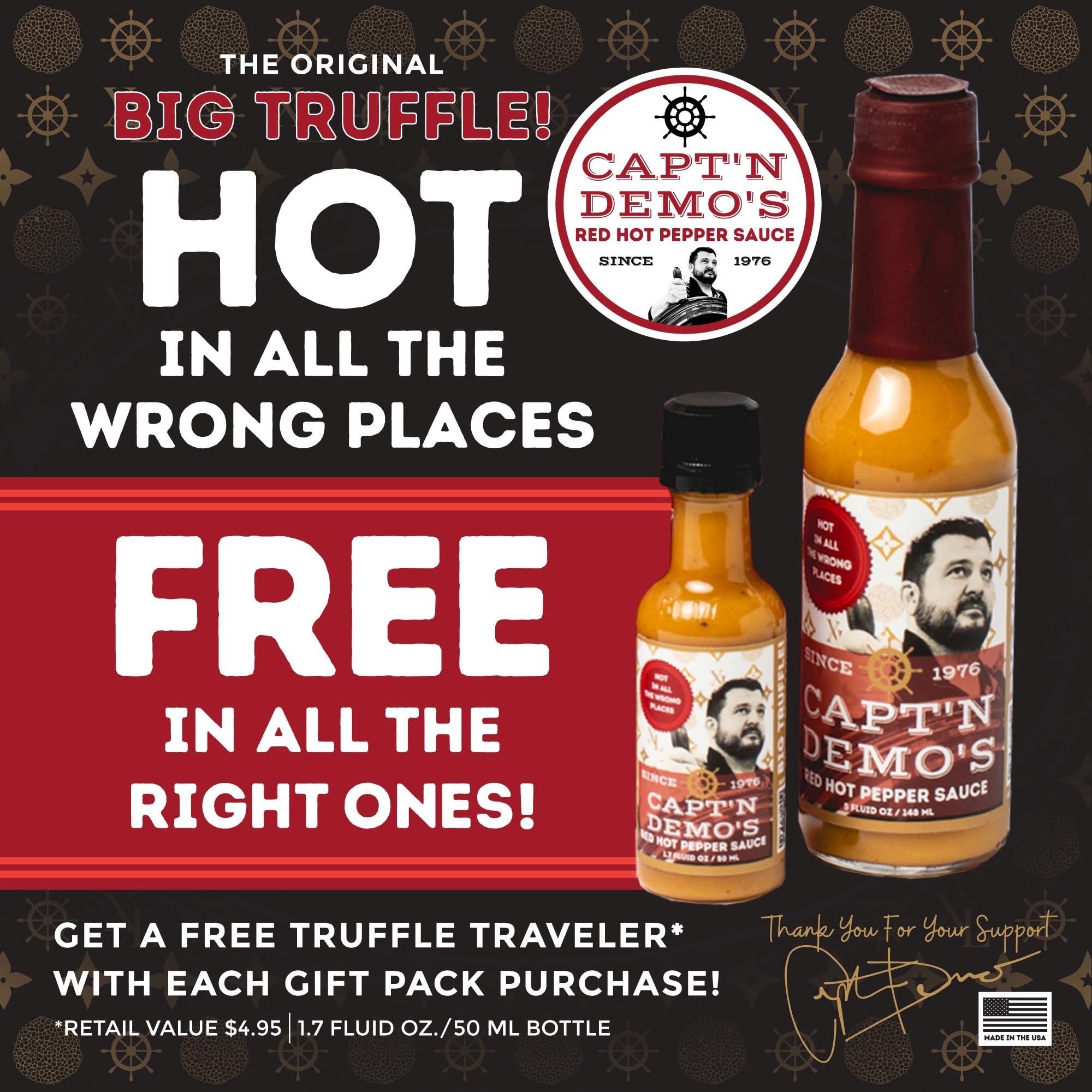 CAPTAIN DEMO's Premium Truffle Hot Sauce with Black & White Truffles - Gourmet Spicy Sauce with Garlic & Hot Honey - Includes Free Travel Bottle (1 Pack) - Perfect for Pizza, Wings, Burgers & Gifts